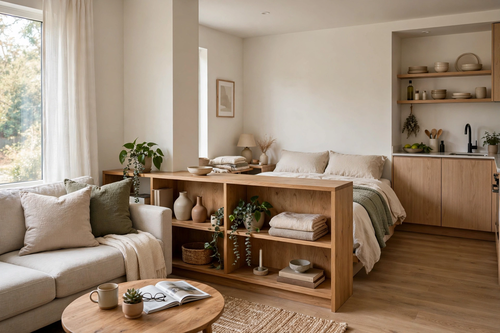 Studio apartment living room layout divided by low bookcase