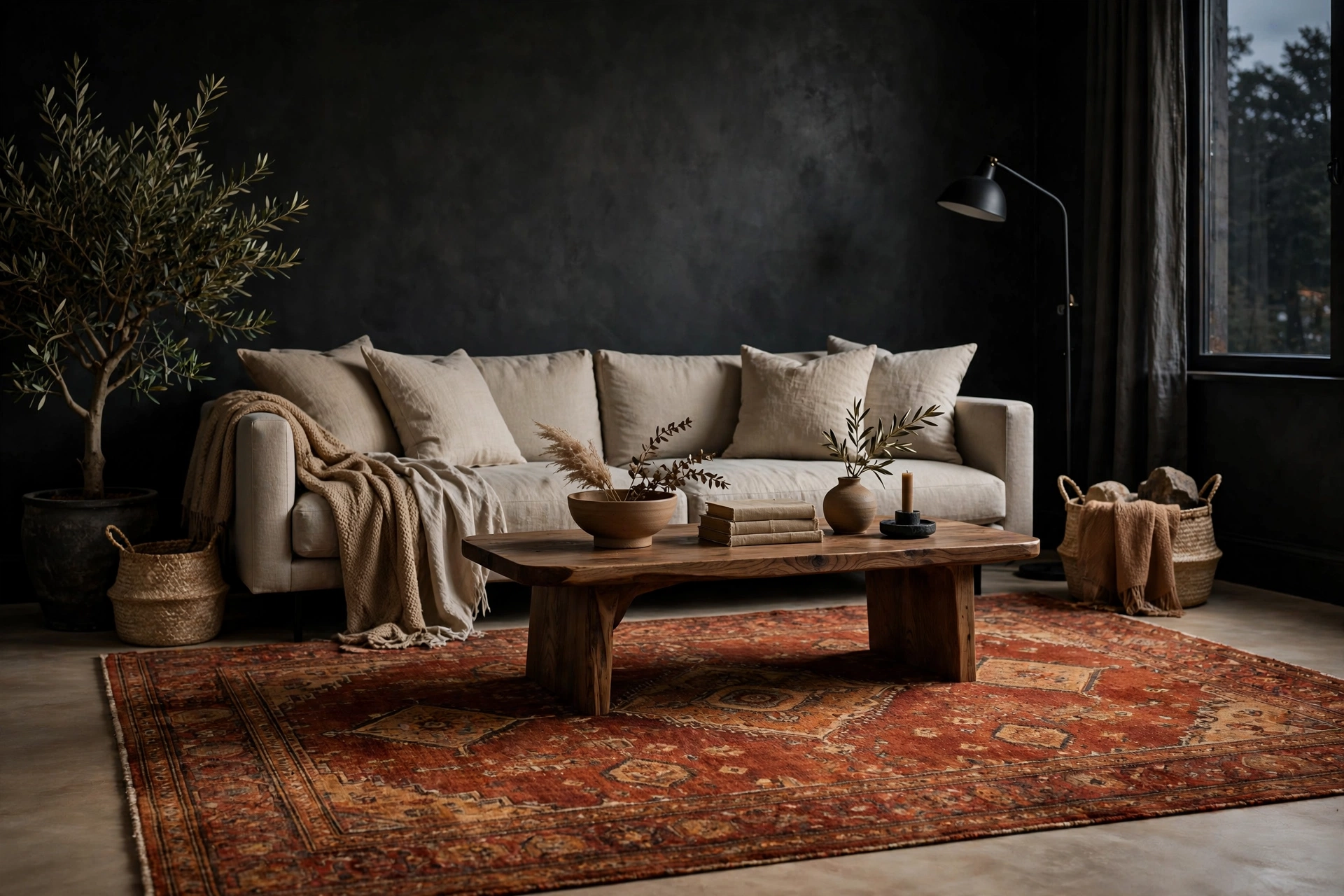Dark moody living room rug adding warmth to a neutral room