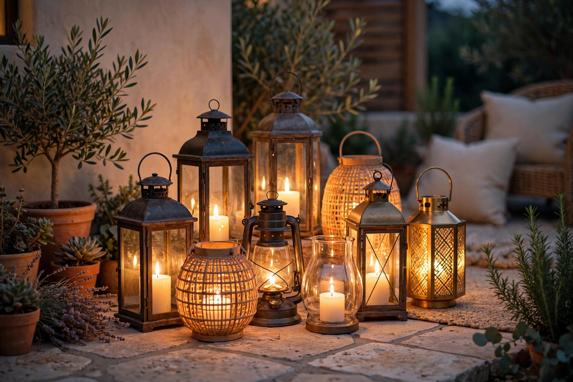 Cluster of lanterns glowing at ground level on patio