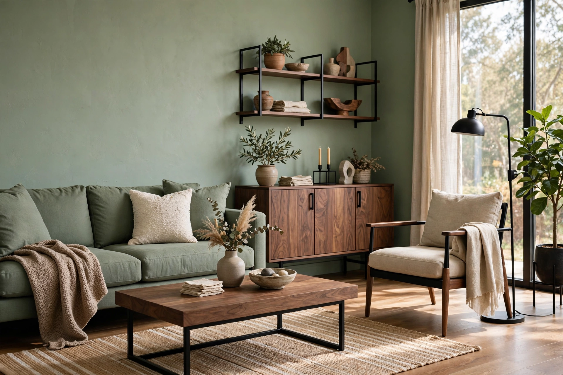 Modern sage green living room with black metal and walnut furniture