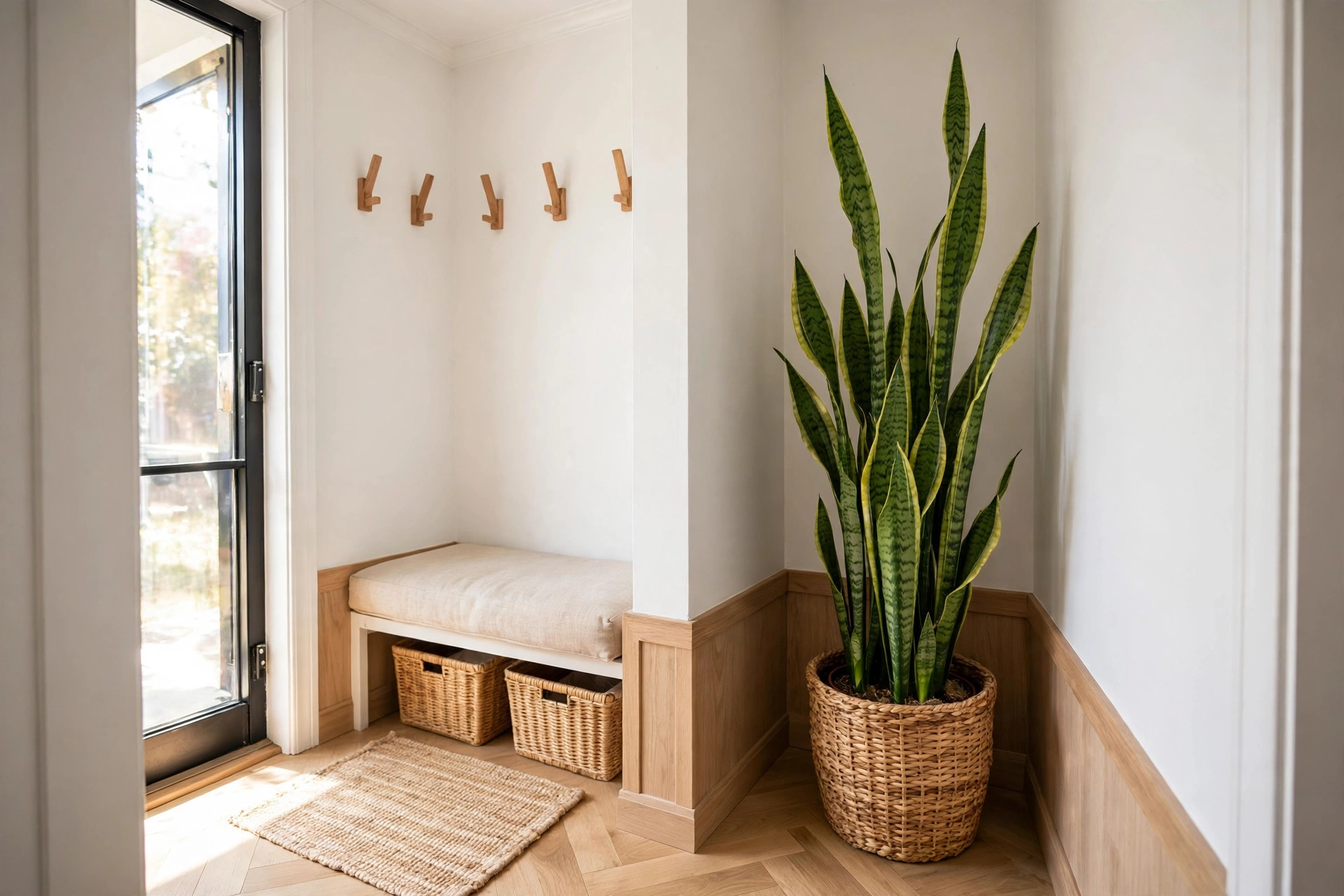 Tall snake plant in corner of bright small entryway