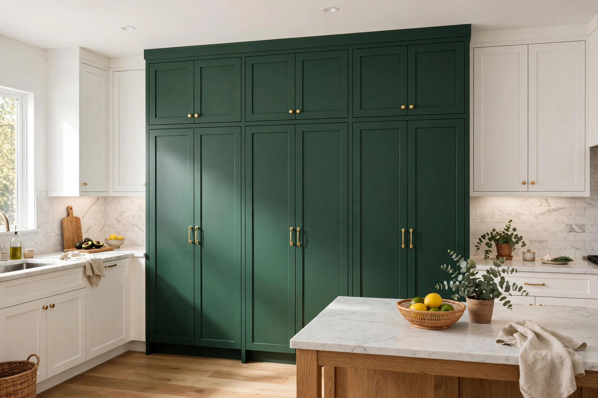 Tall pantry cabinet wall painted deep green as an accent in a white kitchen