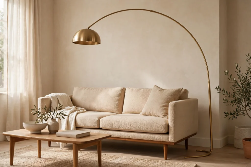 Brass arc floor lamp curving over a mid-century sofa in a warm living room