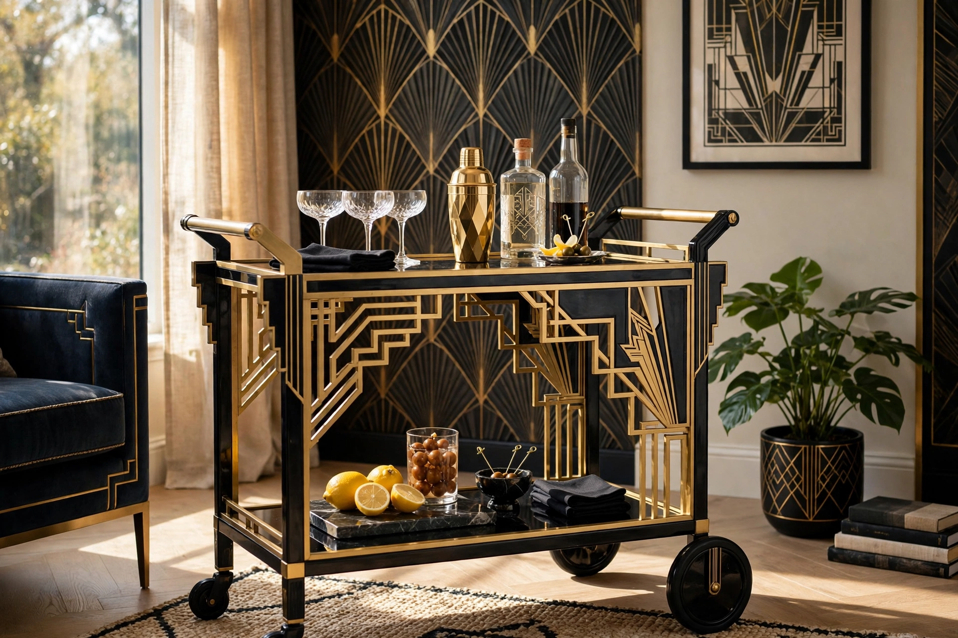 Art Deco Bar Cart With Geometric Gold Details And Black Accents