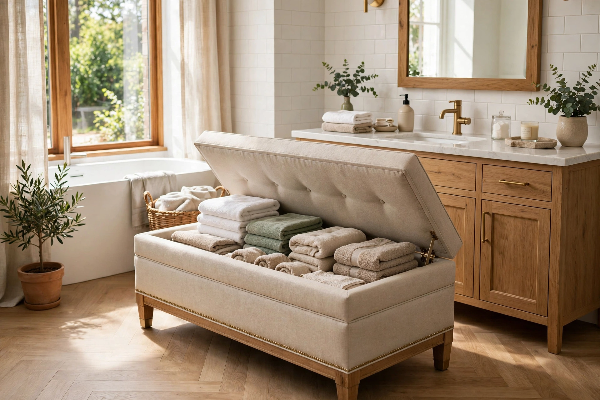 Upholstered Storage Bench With Towels Inside A Bright Bathroom