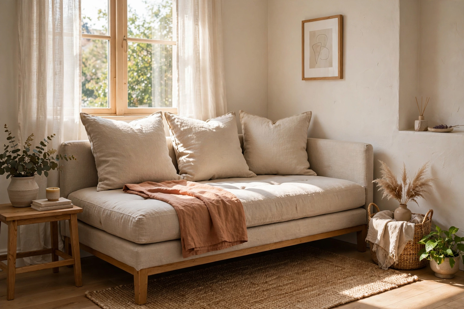 Linen Daybed-Style Bench with Euro Pillows in Small Studio Bedroom