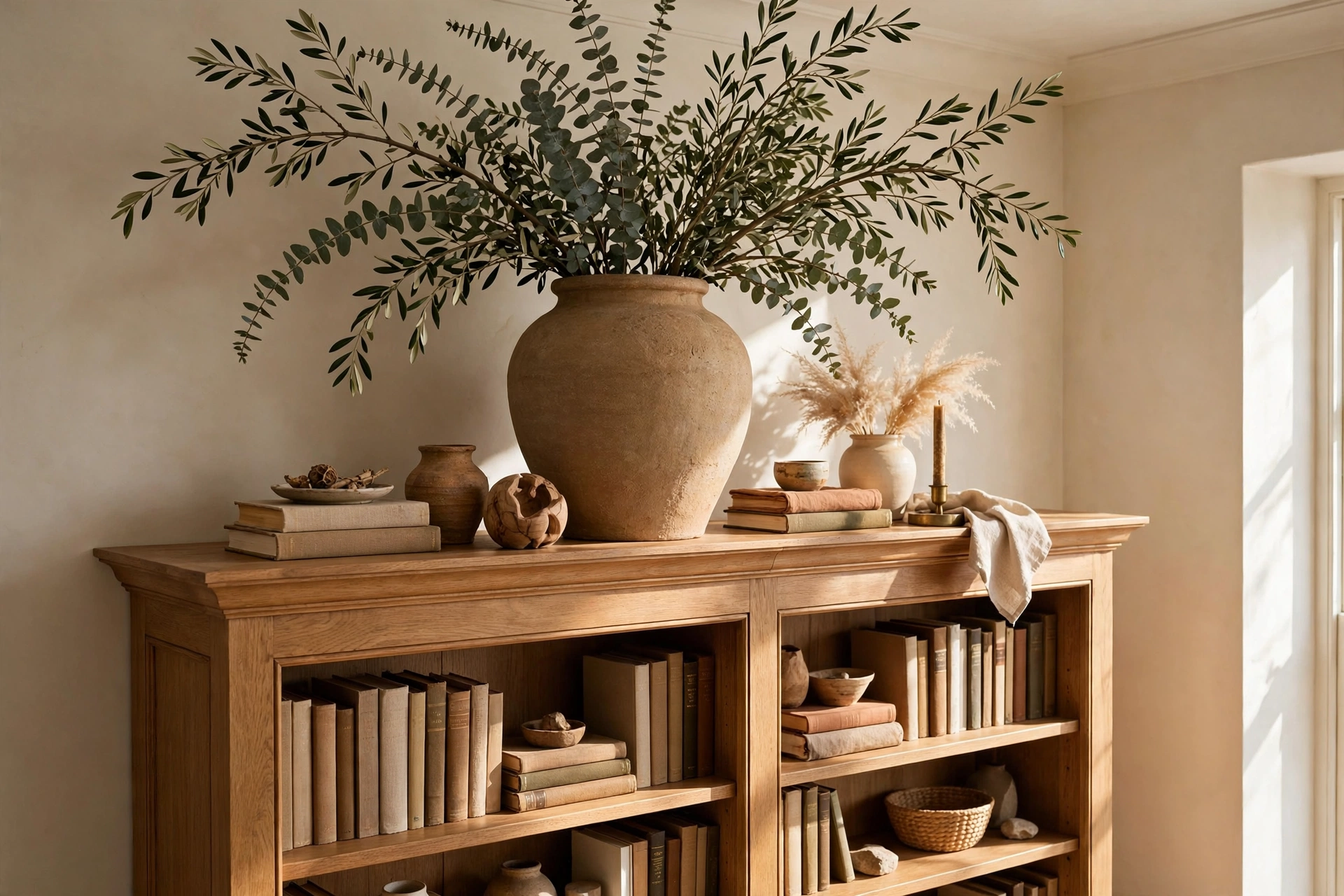 Styled Top Of A Tall Bookcase With Oversized Vase And Branches
