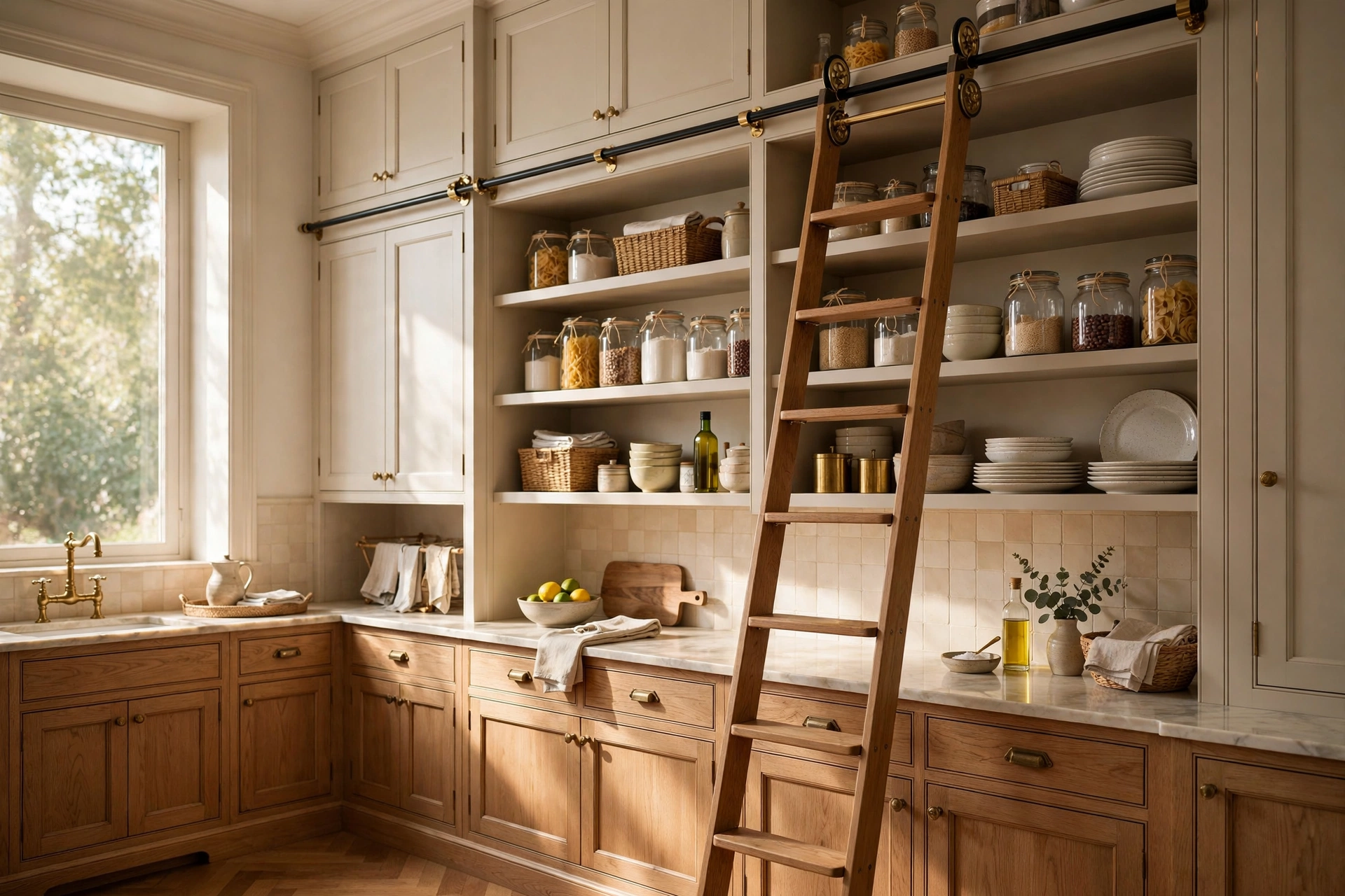 Rolling Ladder Reaching High Shelves In A Butler's Pantry