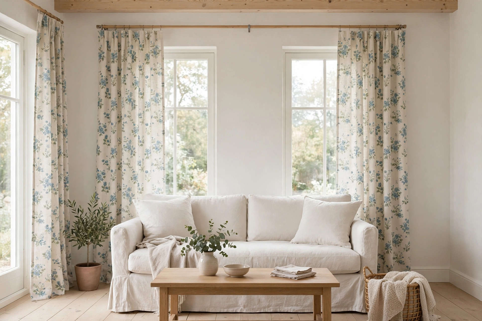 Light floral linen curtains framing tall windows in a bright cottage living room