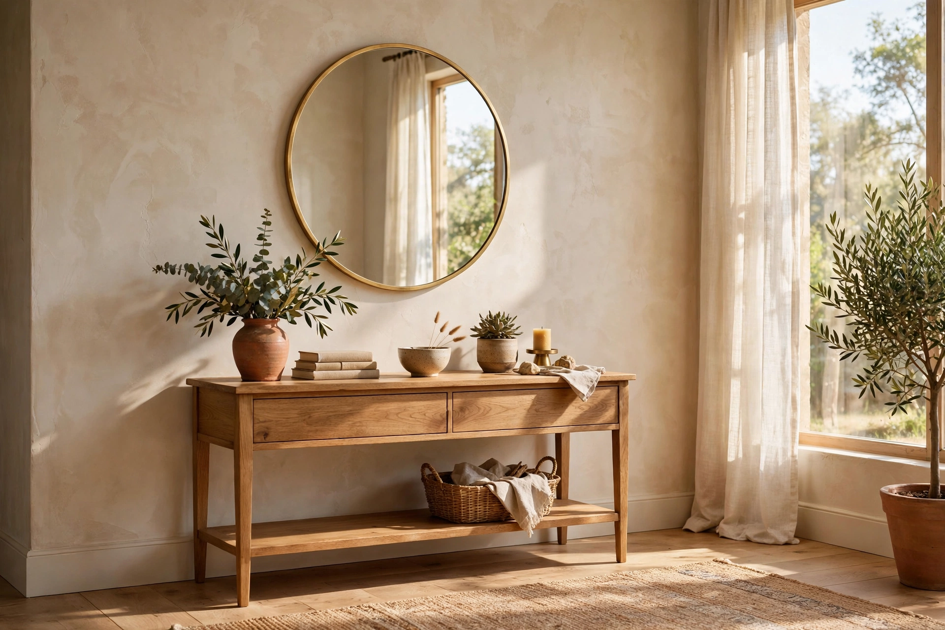 Round Wall Mirror Paired With A Rectangular Console Table