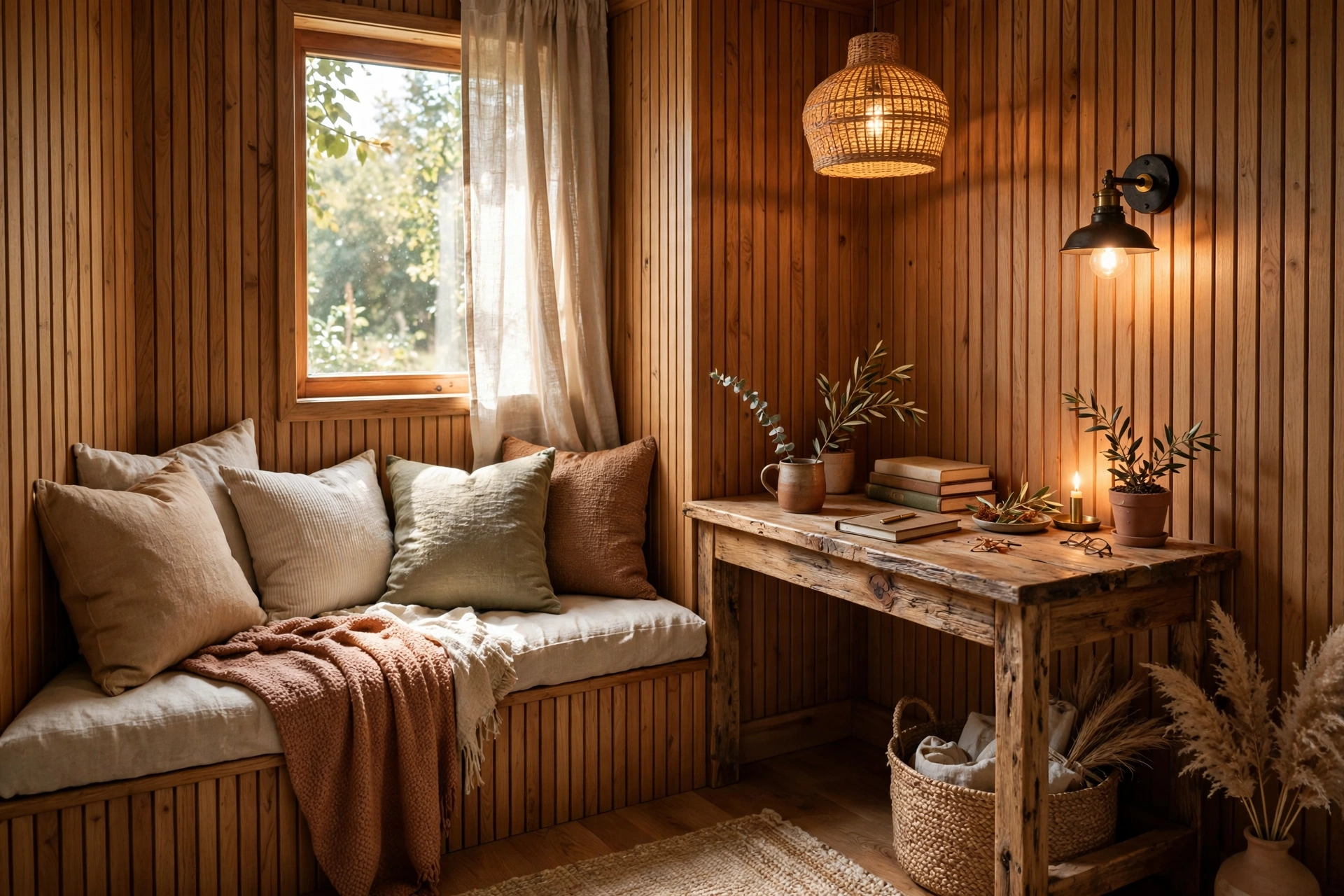 Warm Wood Corner Nook With A Rustic Desk And Ambient Lighting