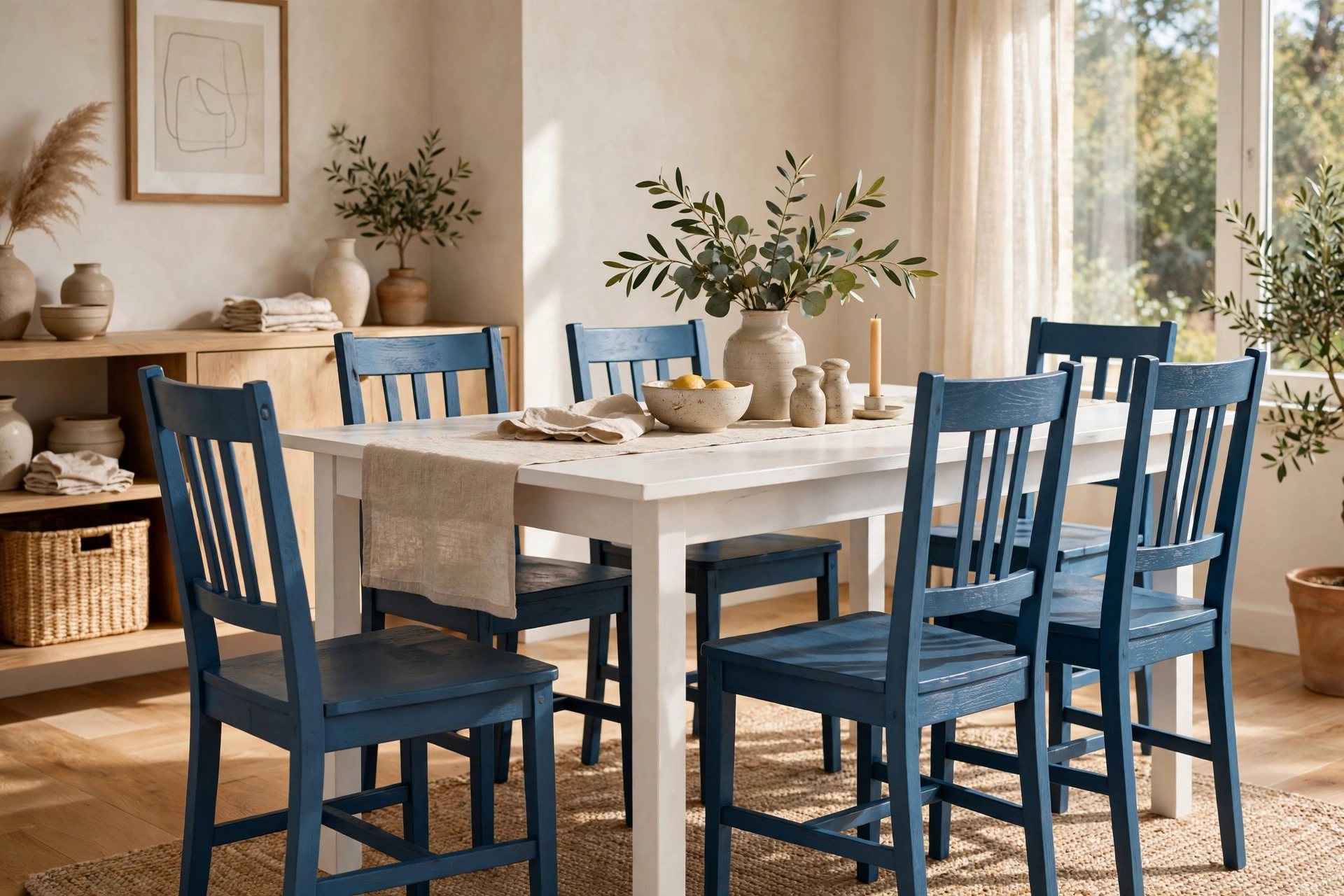 Painted Blue Dining Chairs Around a White Table
