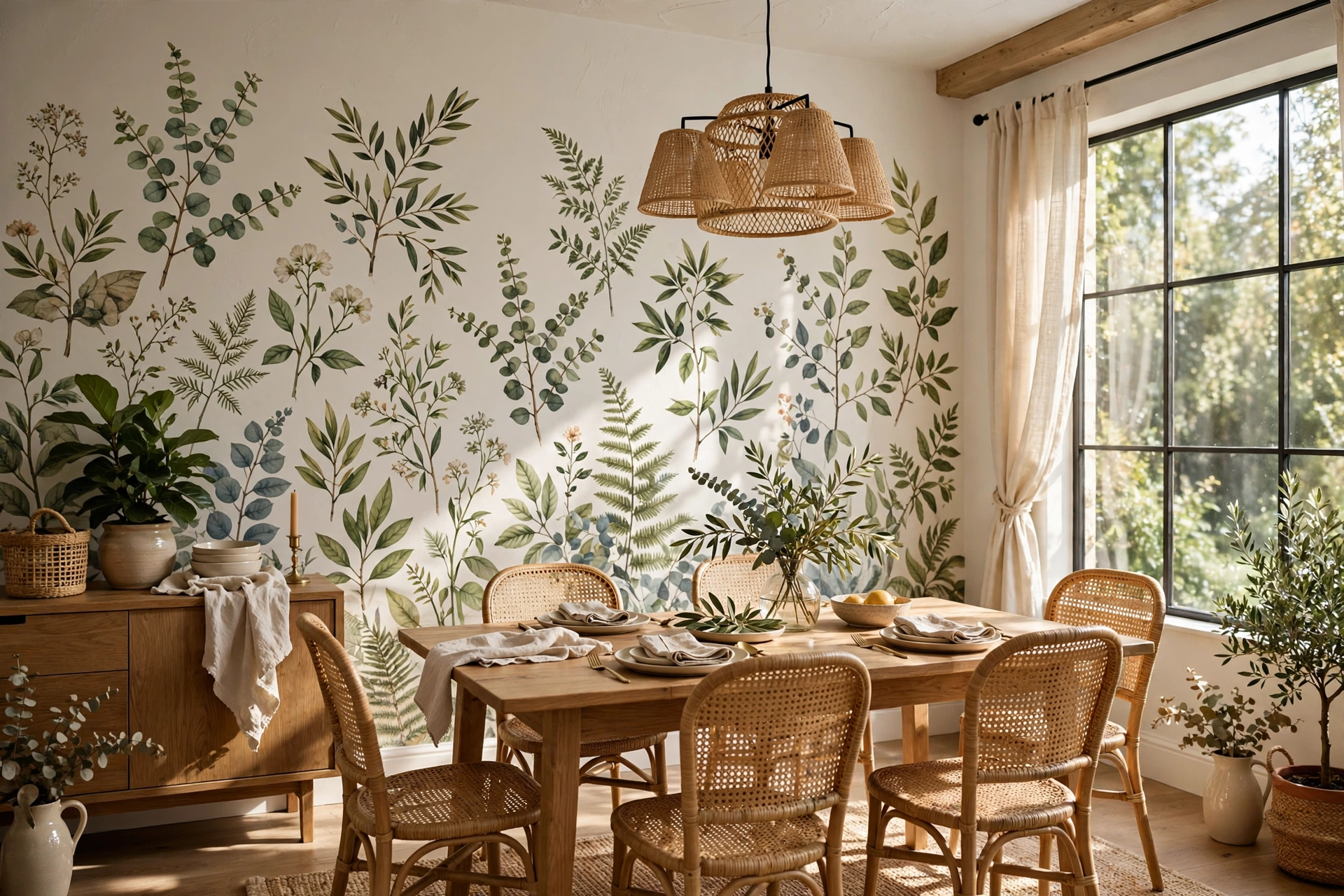 Botanical Wallpaper Mural in a Charming Dining Room