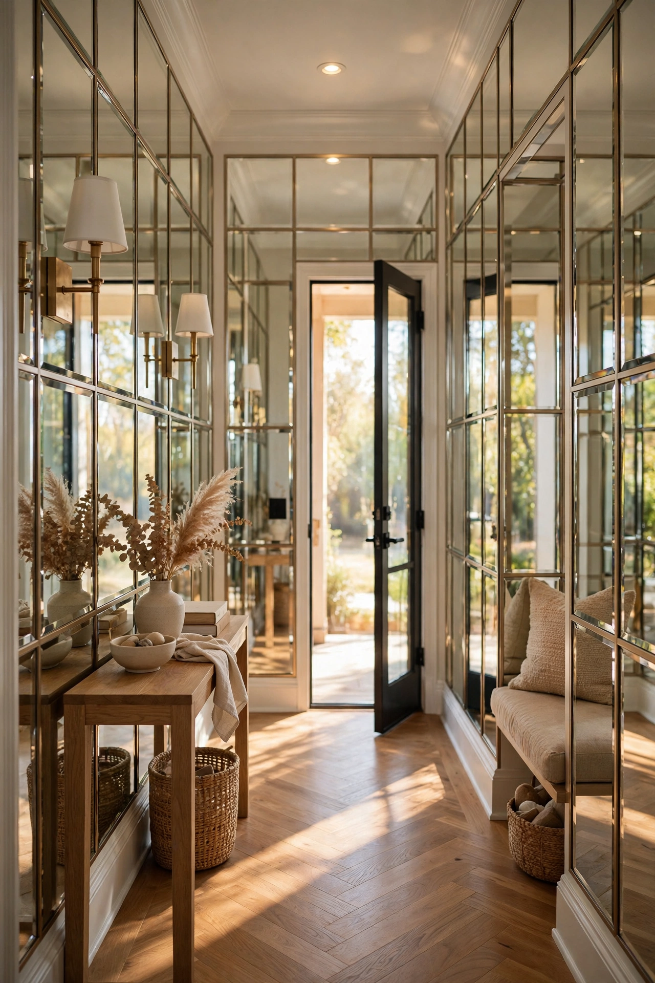 Mirrored Wall Panels in a Narrow Entryway Hallway