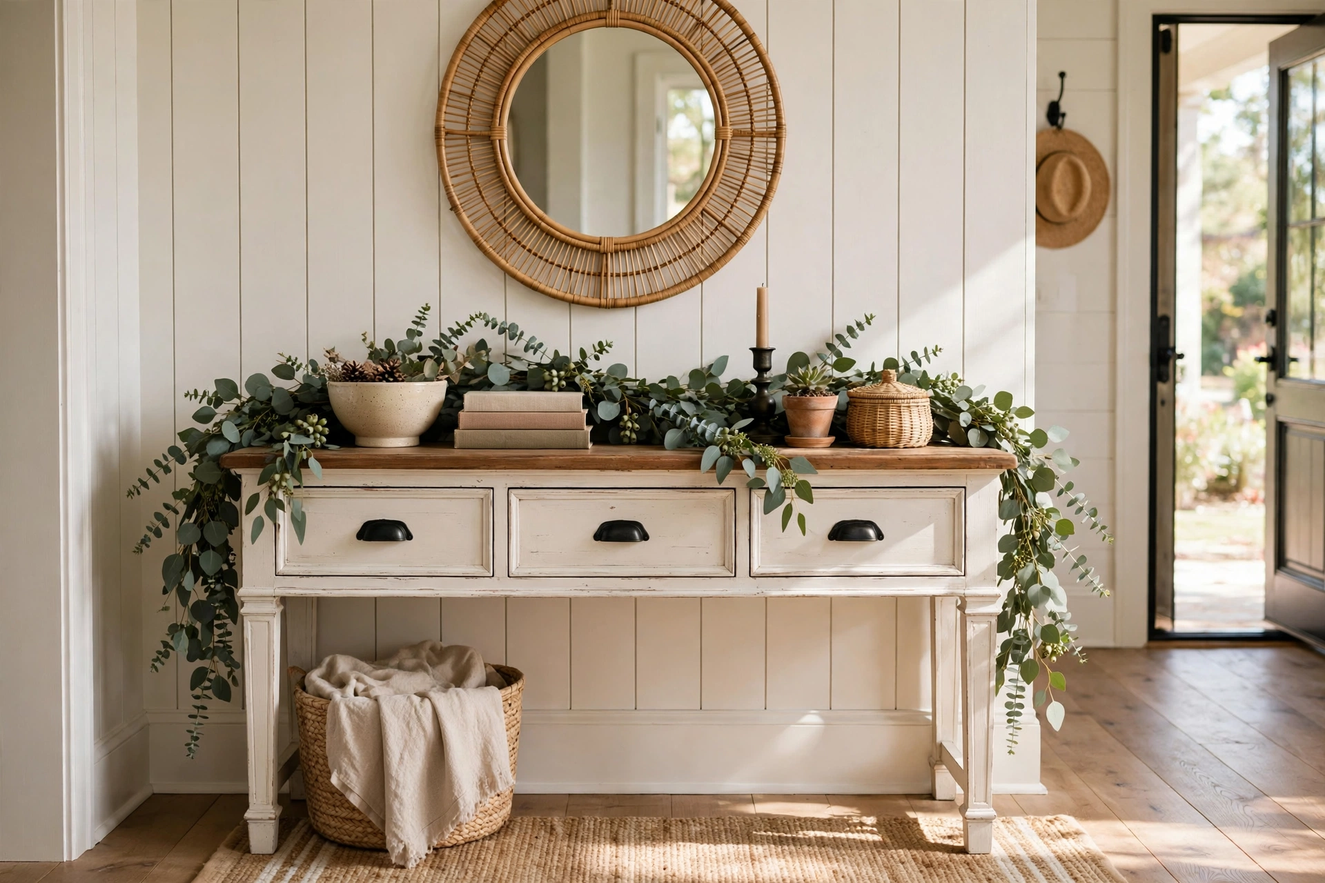 Eucalyptus Garland on a Farmhouse Entryway Console