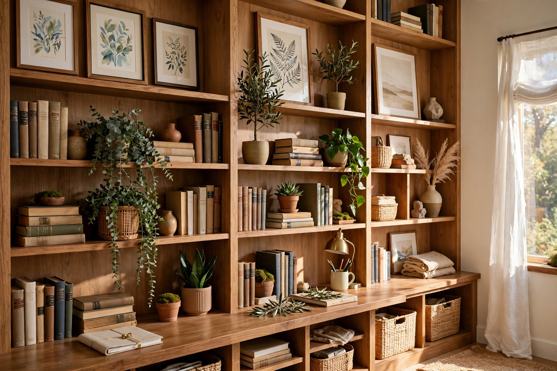Styled Bookcase Wall With Books Plants And Art In A Home Office
