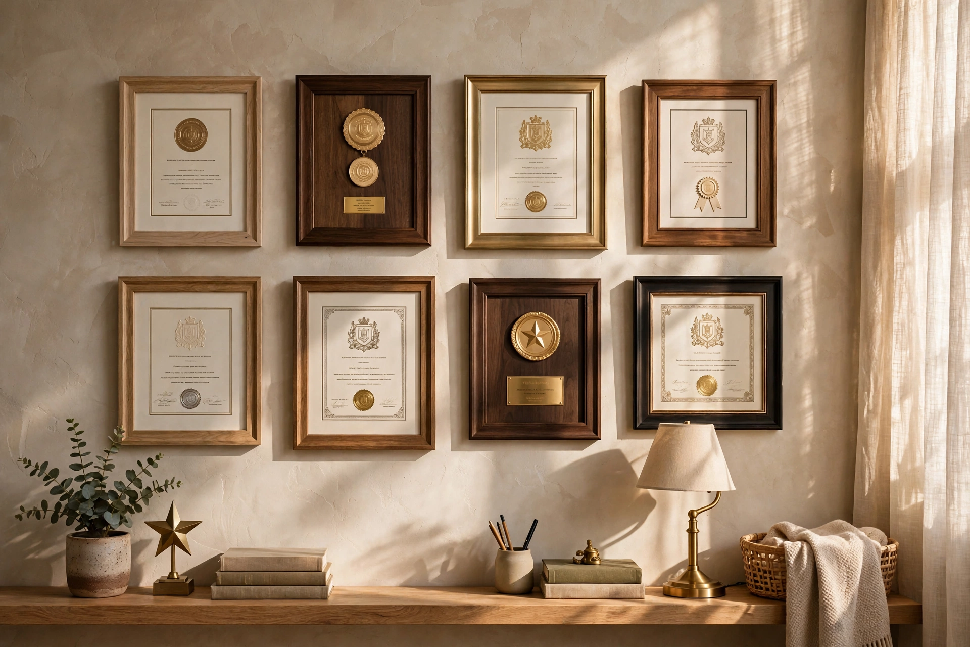 Home Office Wall With Framed Certificates And Awards