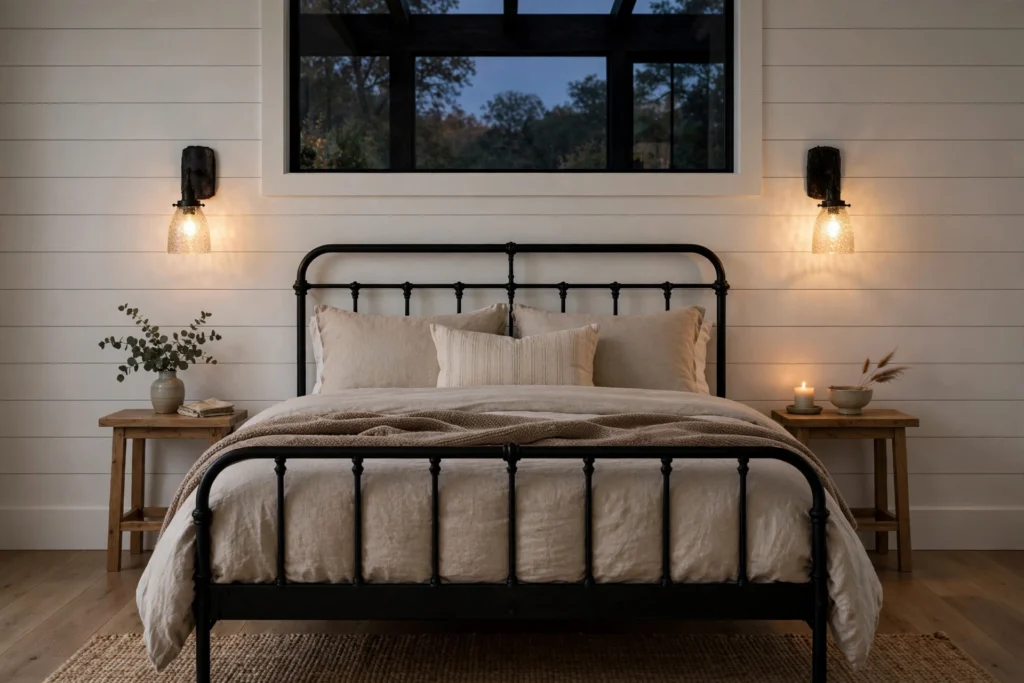 Rustic wall sconces with seeded glass flanking a farmhouse bed in warm evening light