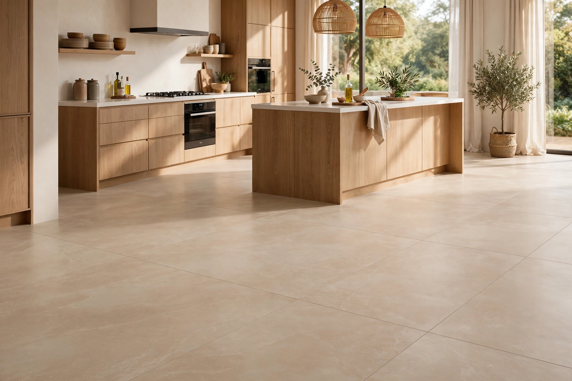 Large Format Tile Kitchen Floor With Seamless Look