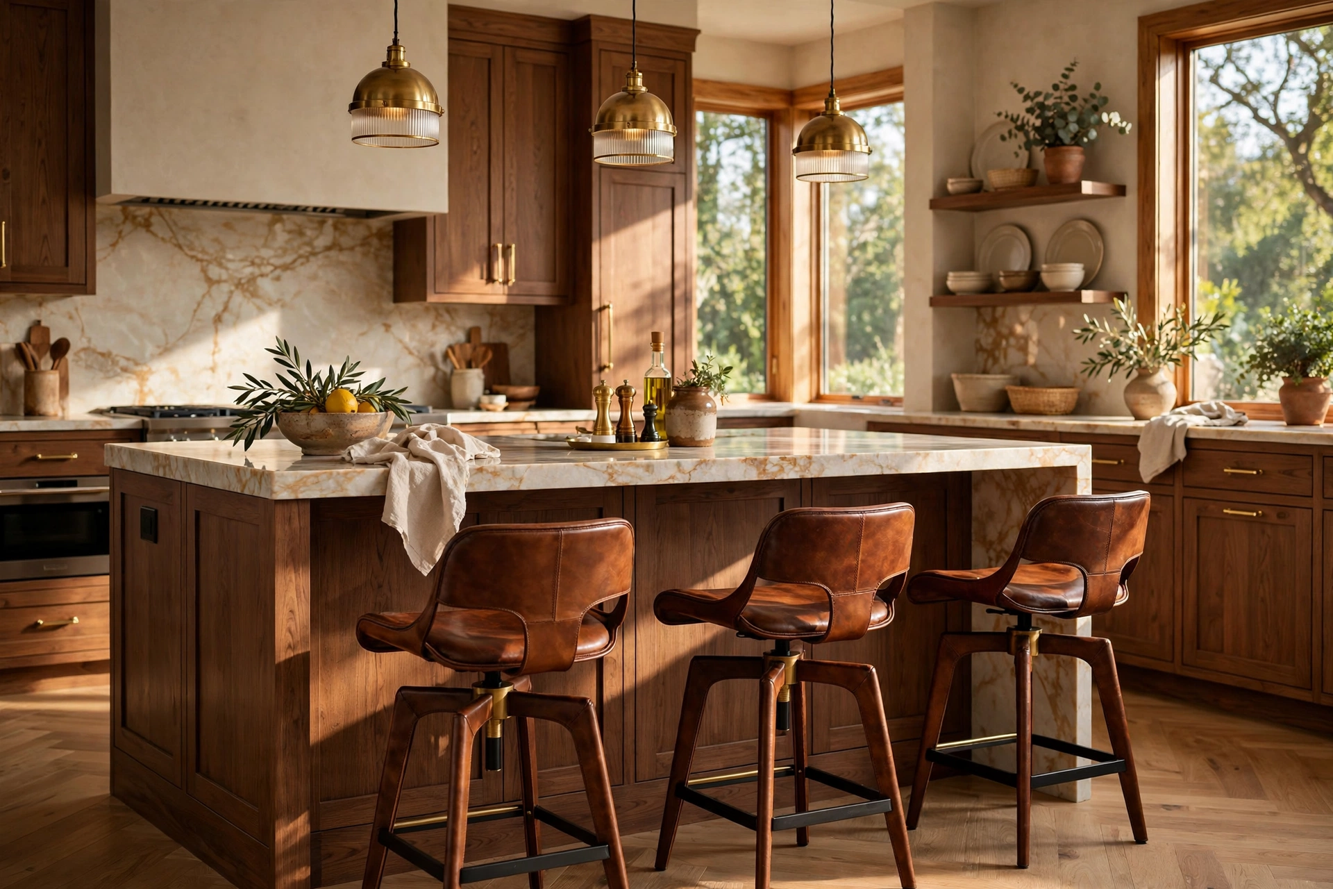 Kitchen Island With Leather Stools For A Rich Finish