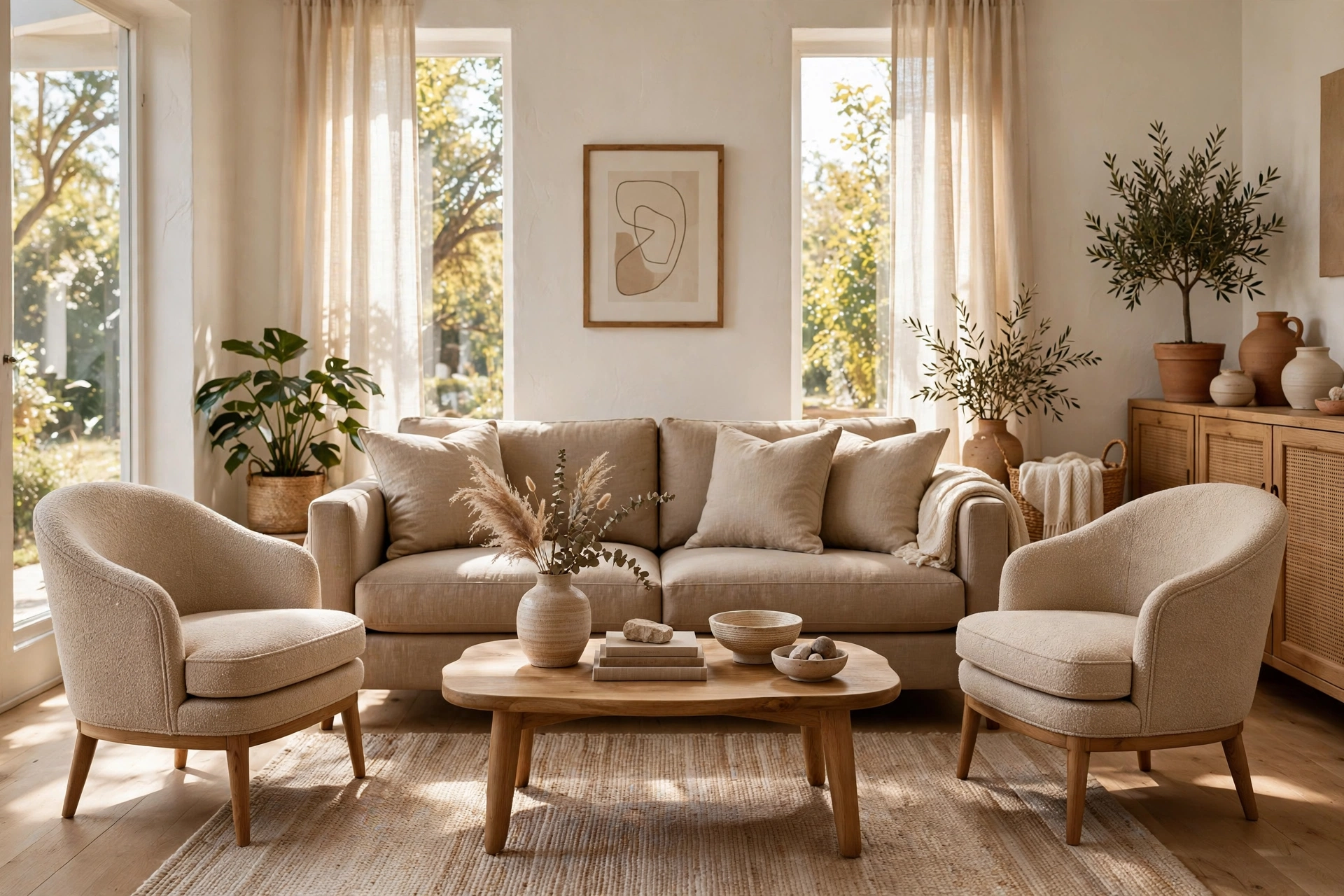 Pair Of Matching Accent Chairs Flanking A Living Room Sofa