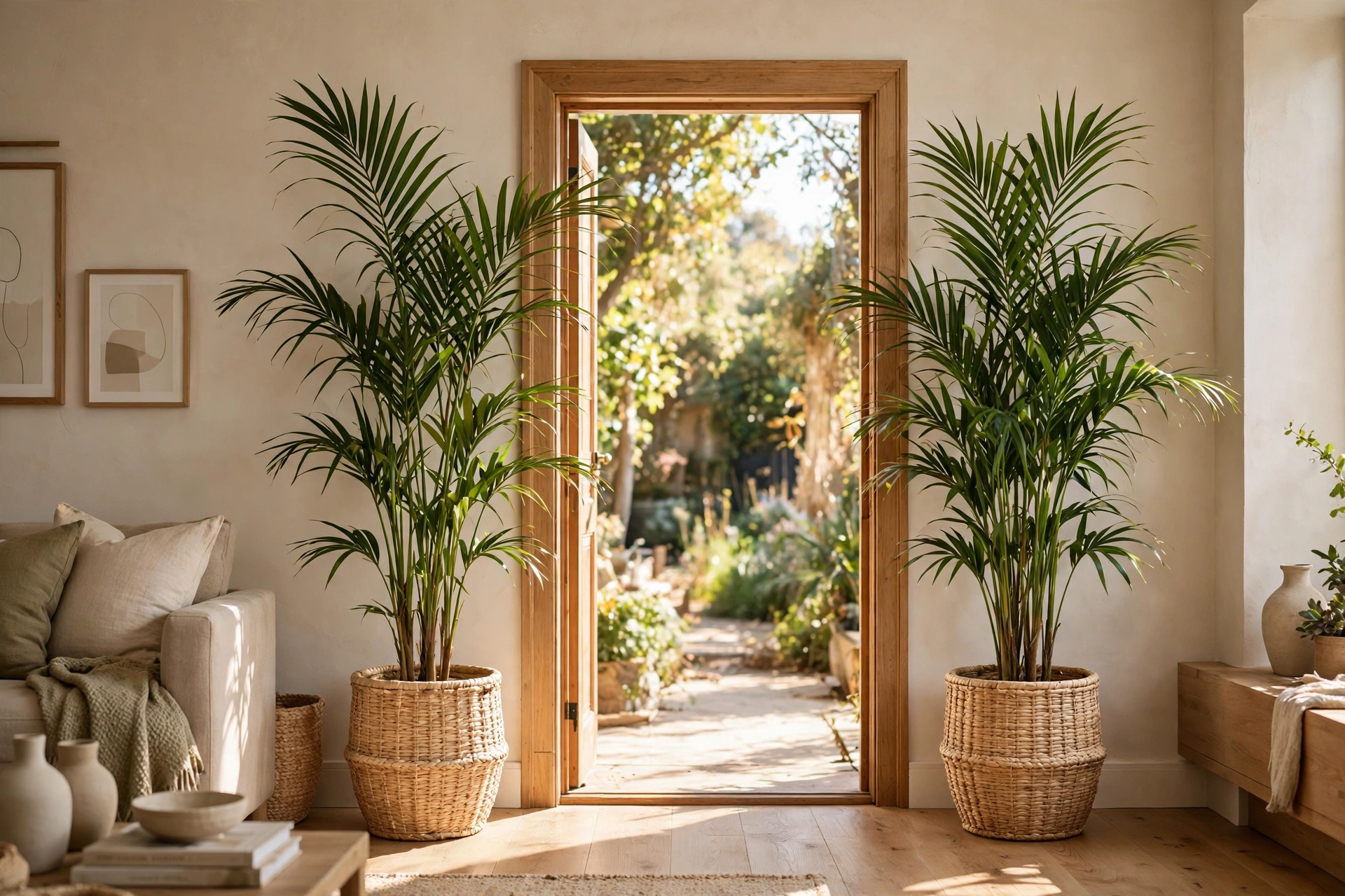 Tall Plants In Matching Woven Planters Framing A Living Room Doorway