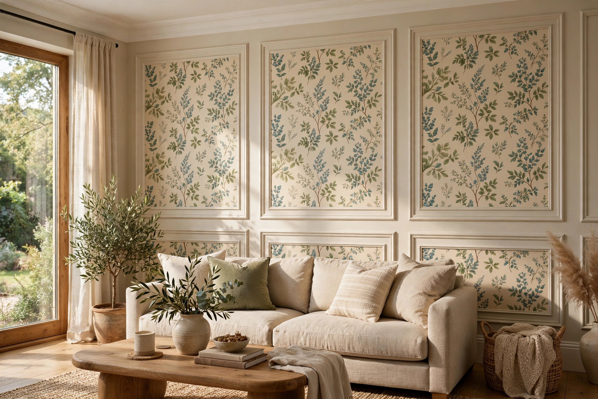 Wallpaper Inlays Inside Wall Molding Frames In A Living Room