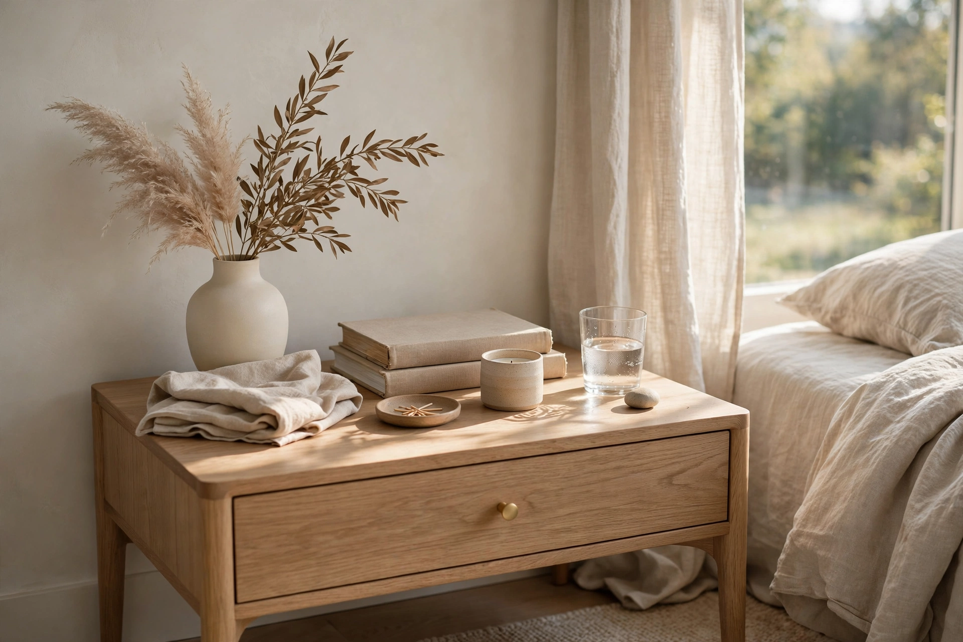 Nightstand Styled In Soft Neutral Calming Tones