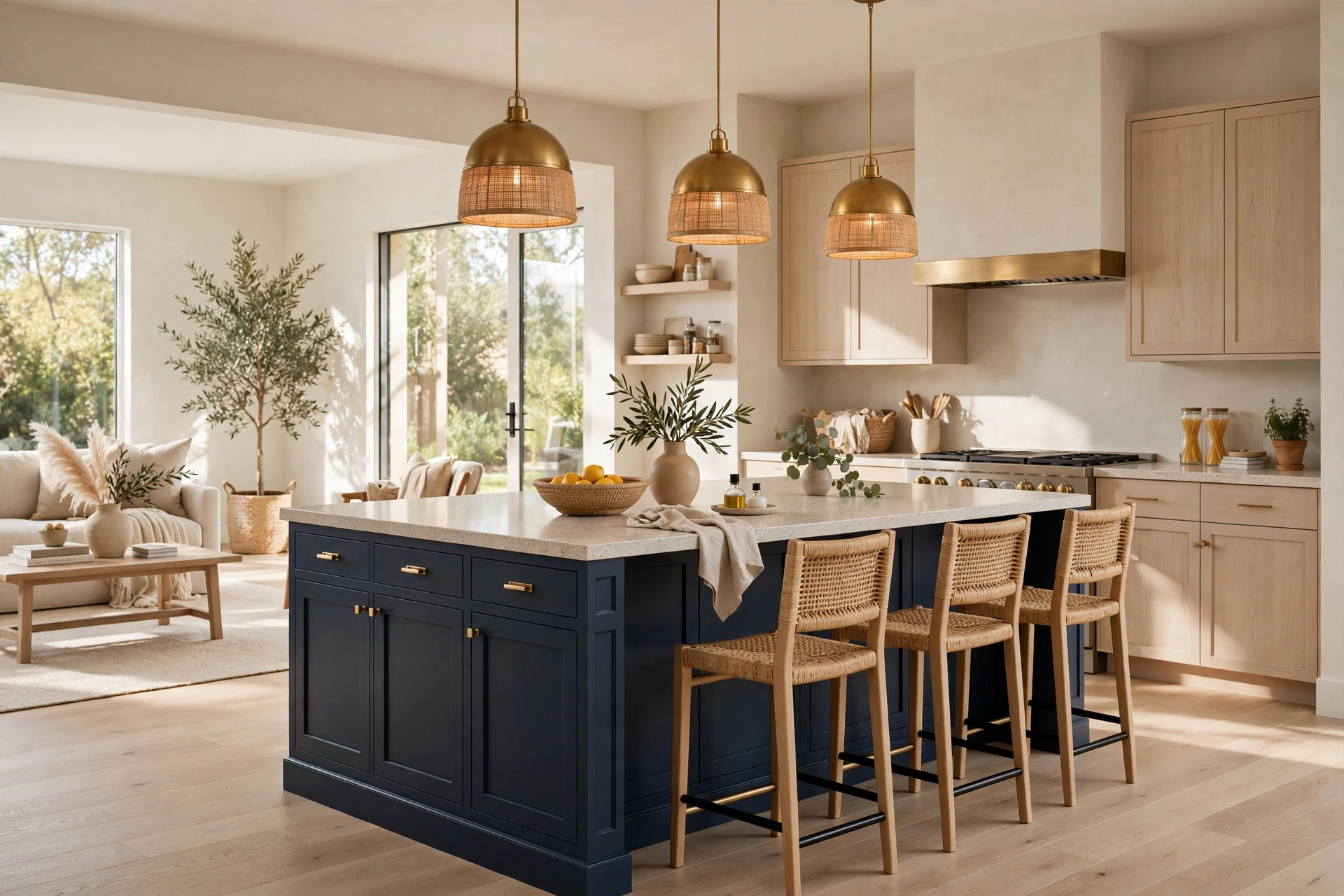 Neutral Open Concept Kitchen With Navy Blue Island As A Bold Accent