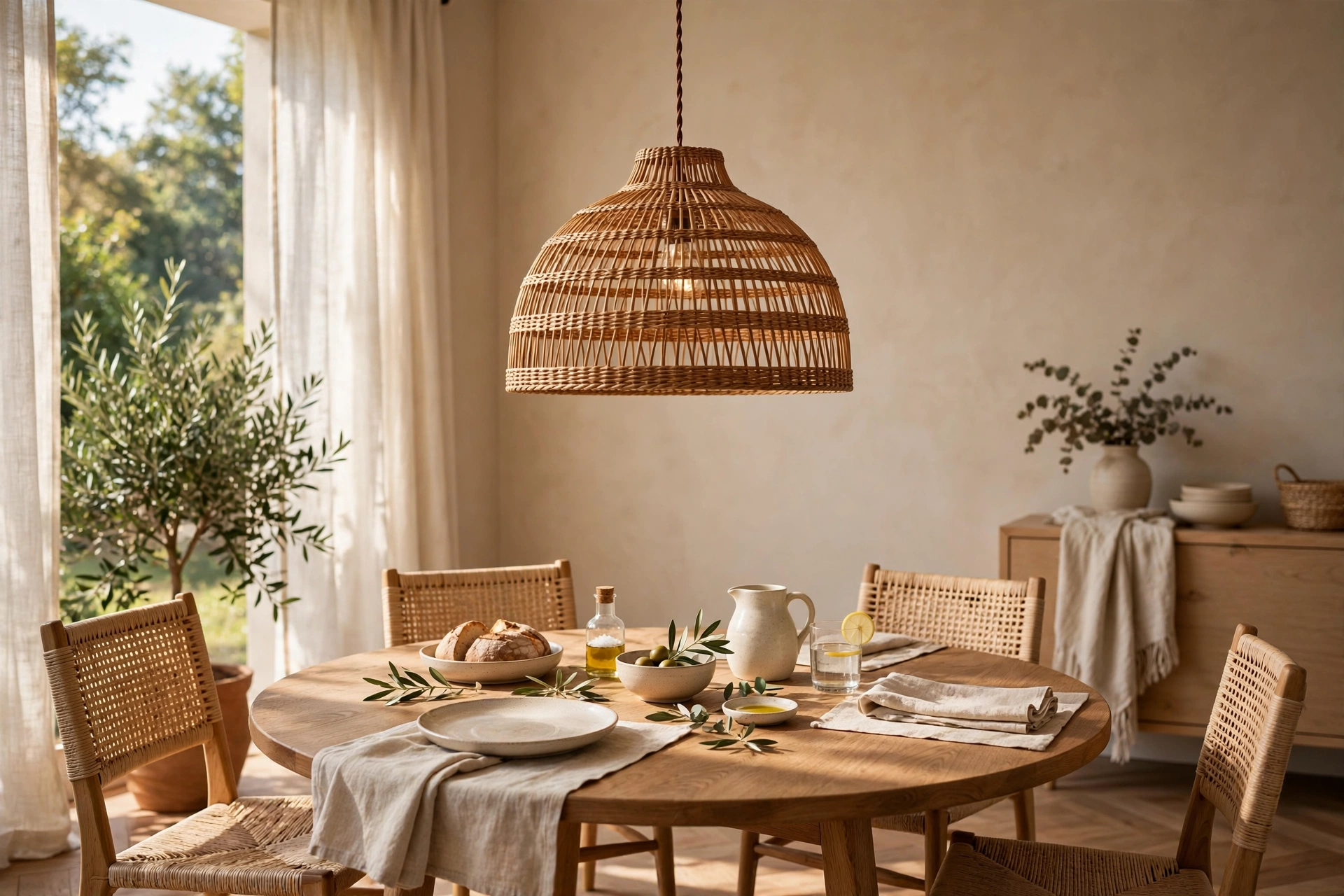 Rattan Pendant Light Hanging Above a Round Dining Table