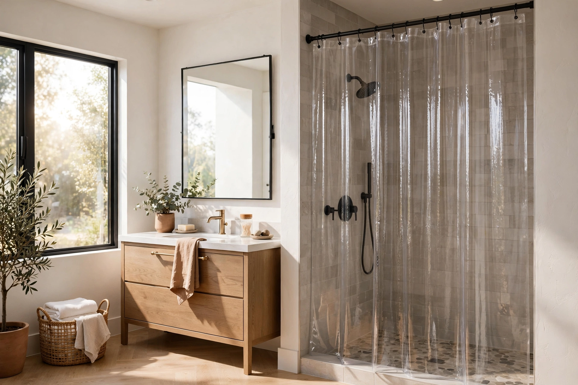 Clear Glass Feel Shower Curtain In Modern Bathroom