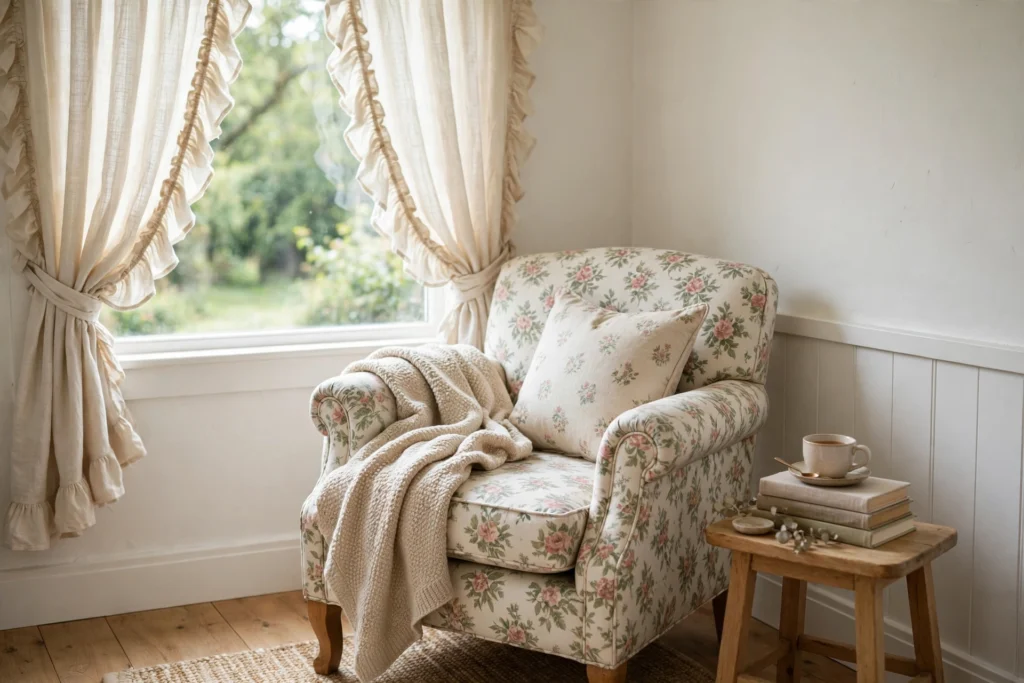 Cottage bedroom reading corner with floral armchair, throw and books by the window