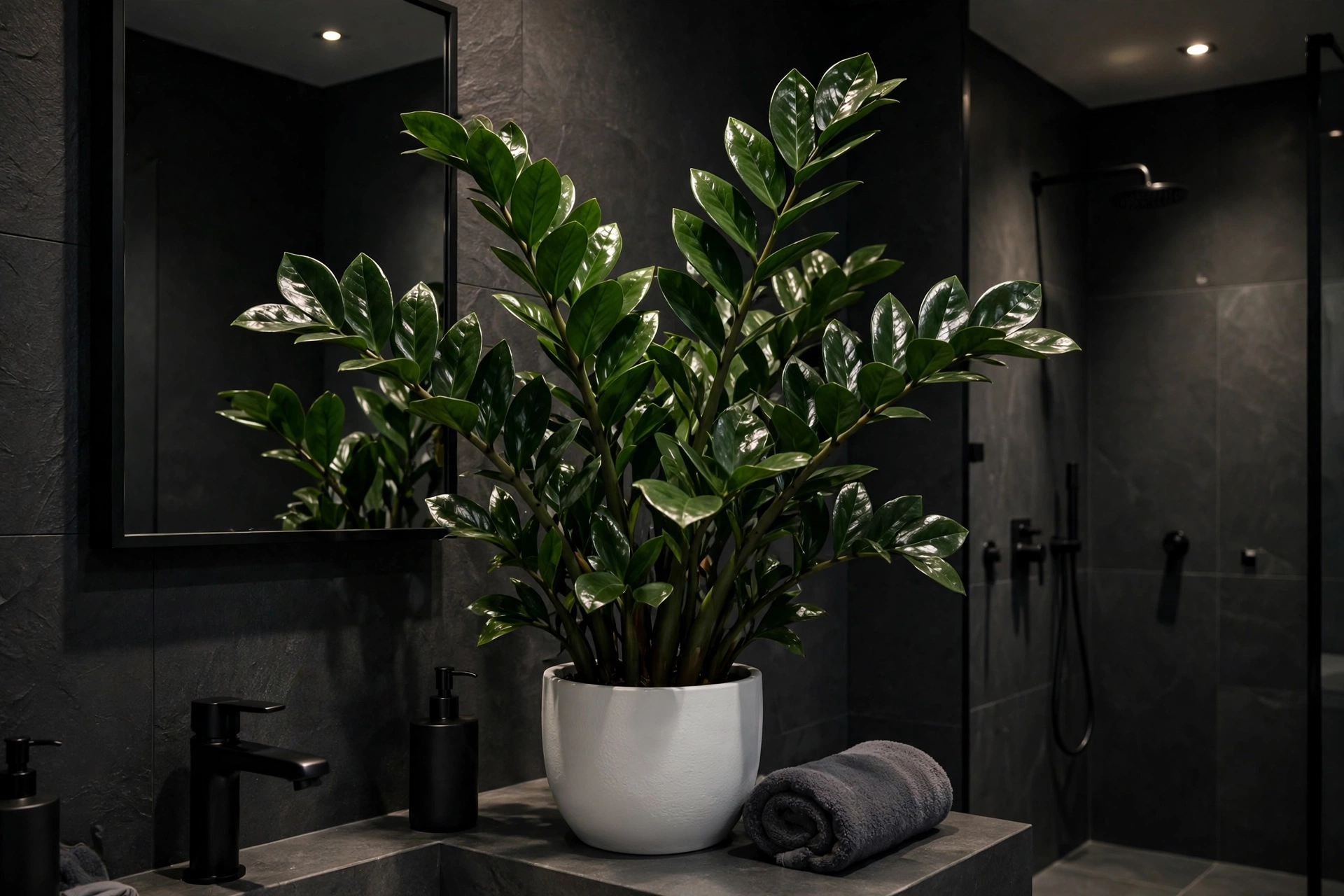 ZZ Plant Thriving In Dark Bathroom