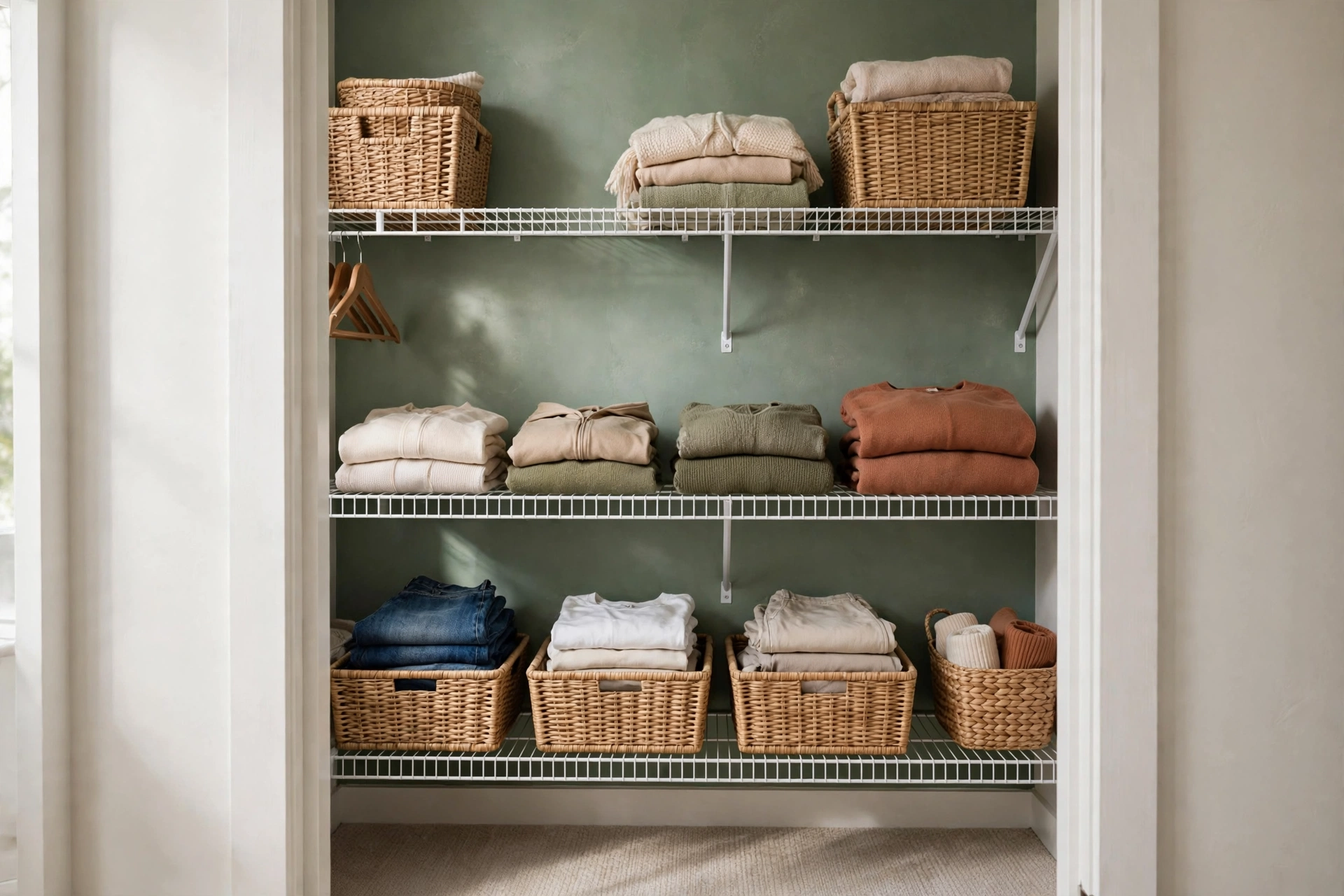 Closet With Sage Green Painted Back Wall