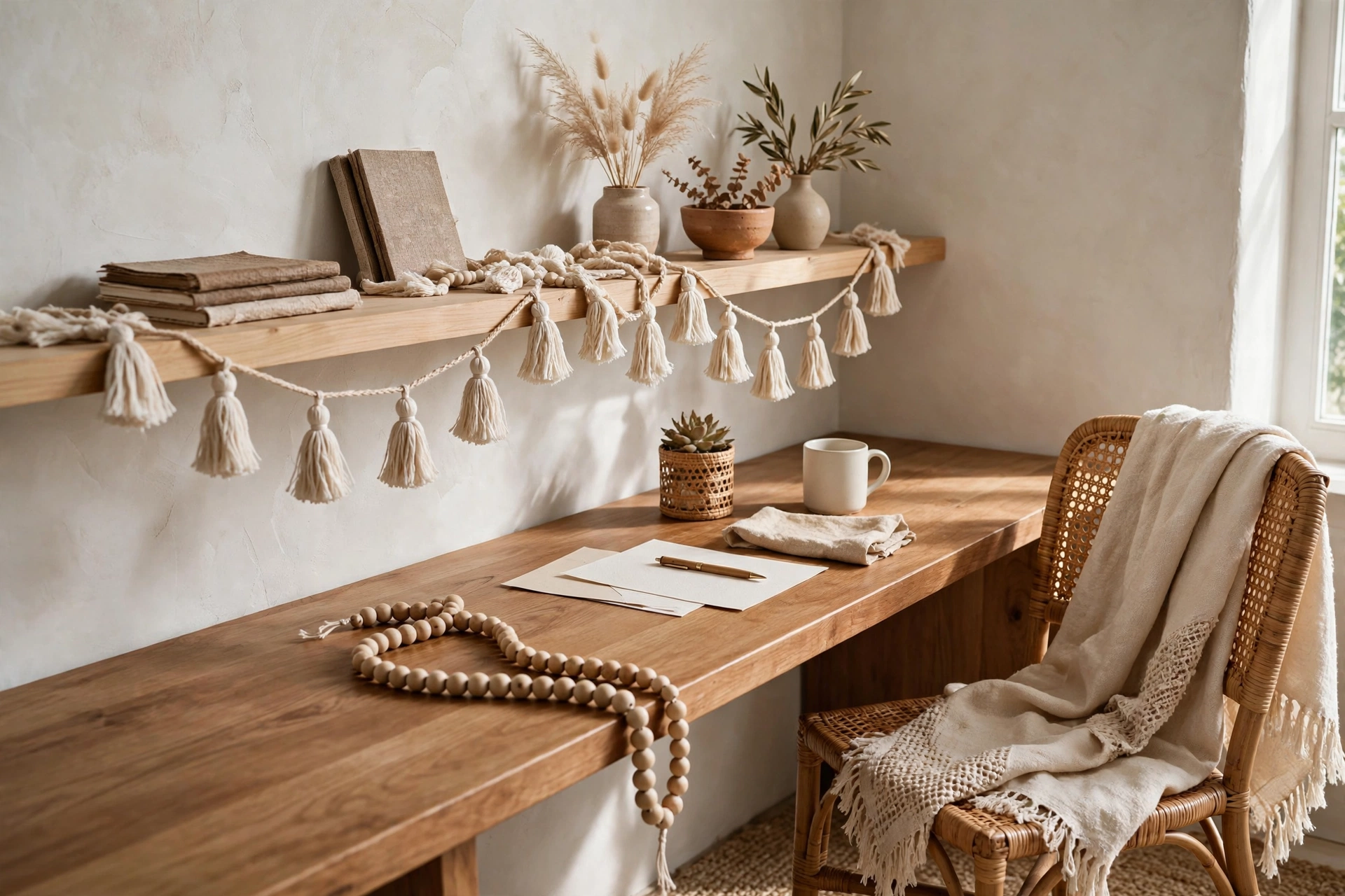 Tassel garland and wooden bead accents in a boho home office