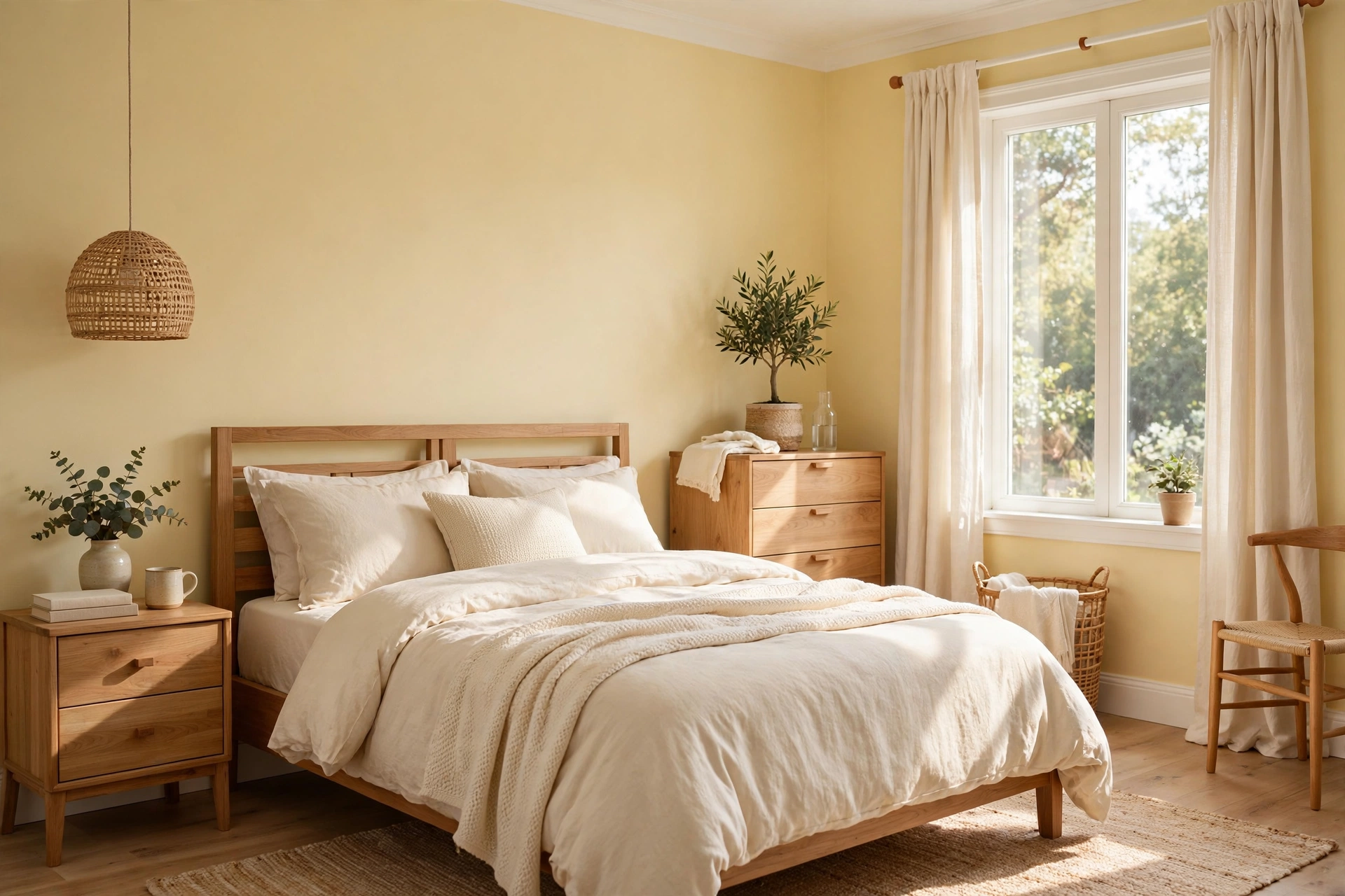 Cheerful Bedroom With Soft Yellow Walls And Cream Bedding