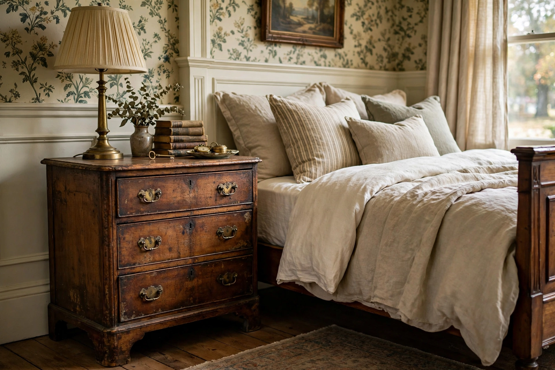 Vintage Antique Nightstand With Character Beside Bed