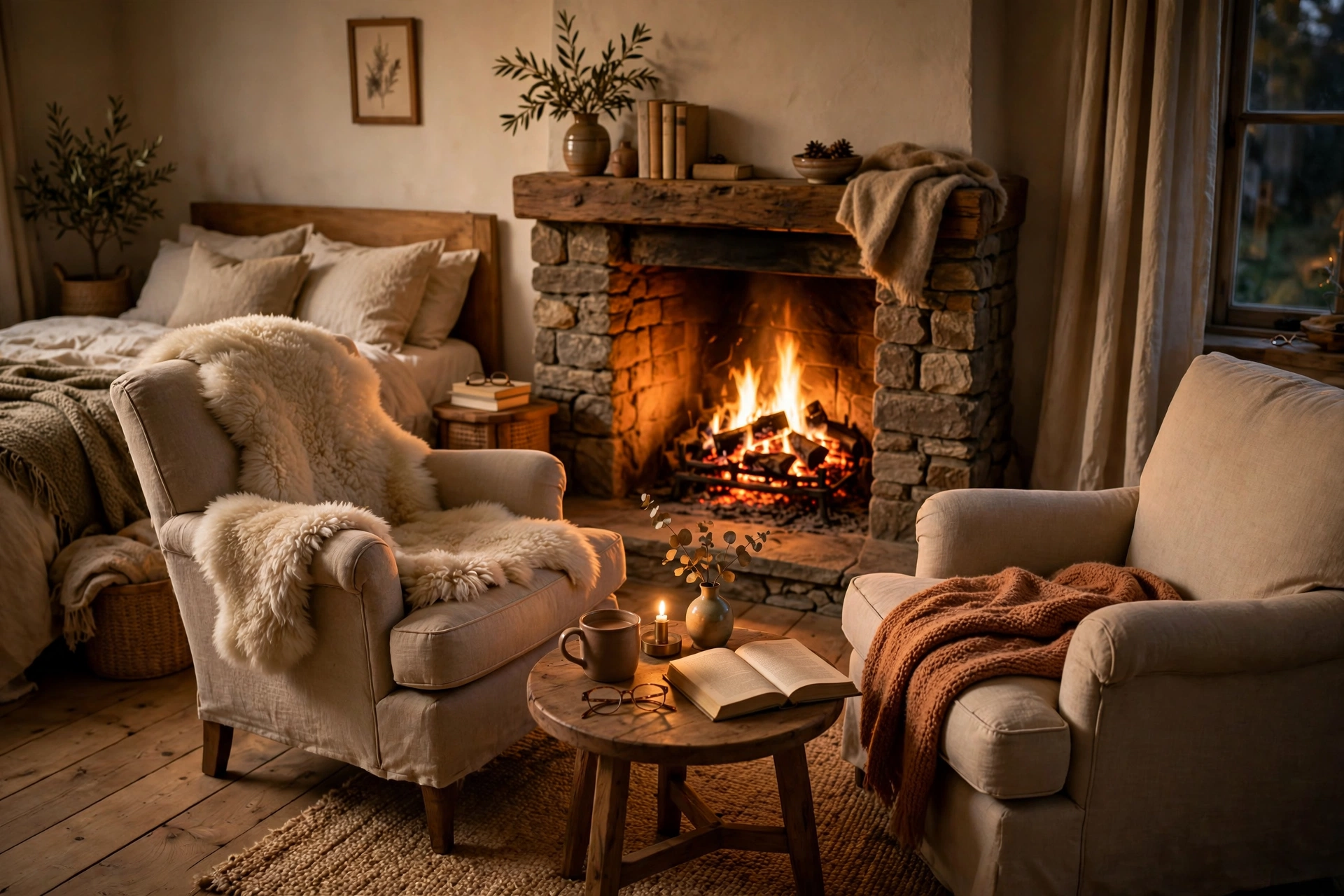 Armchairs Angled Toward Bedroom Fireplace