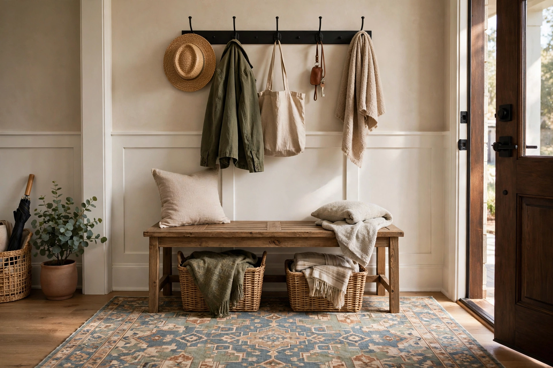 Patterned Rug Layered Under Entryway Bench