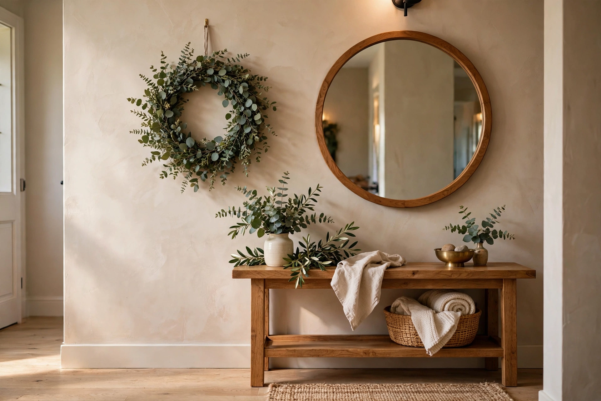 Eucalyptus Wreath Hanging On Interior Entryway Wall