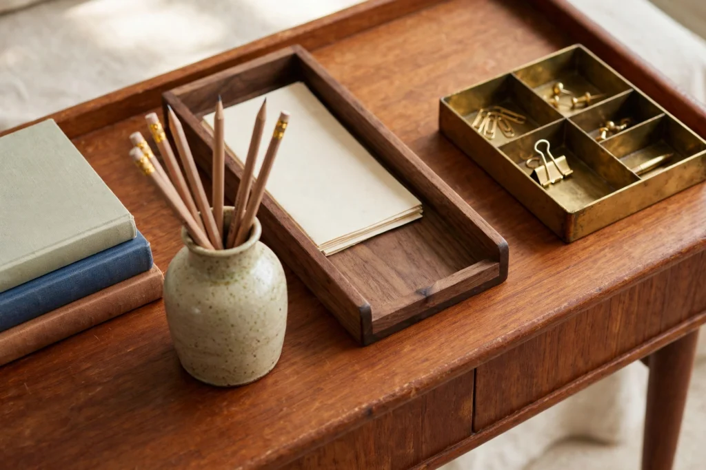 Styled teak desk with brass organizer, walnut letter tray, ceramic vase and art books