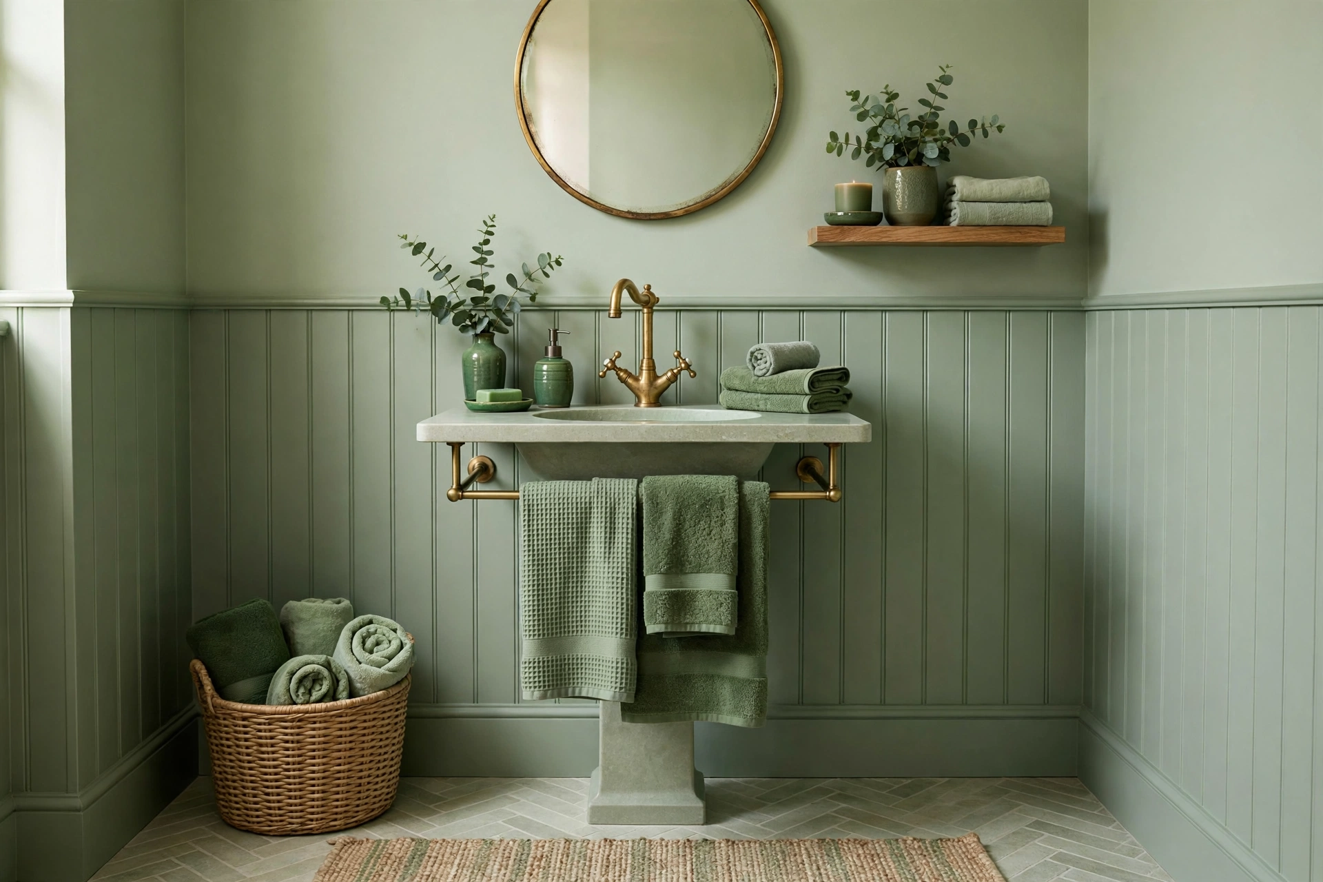 Monochromatic Sage Green Half Bathroom Design
