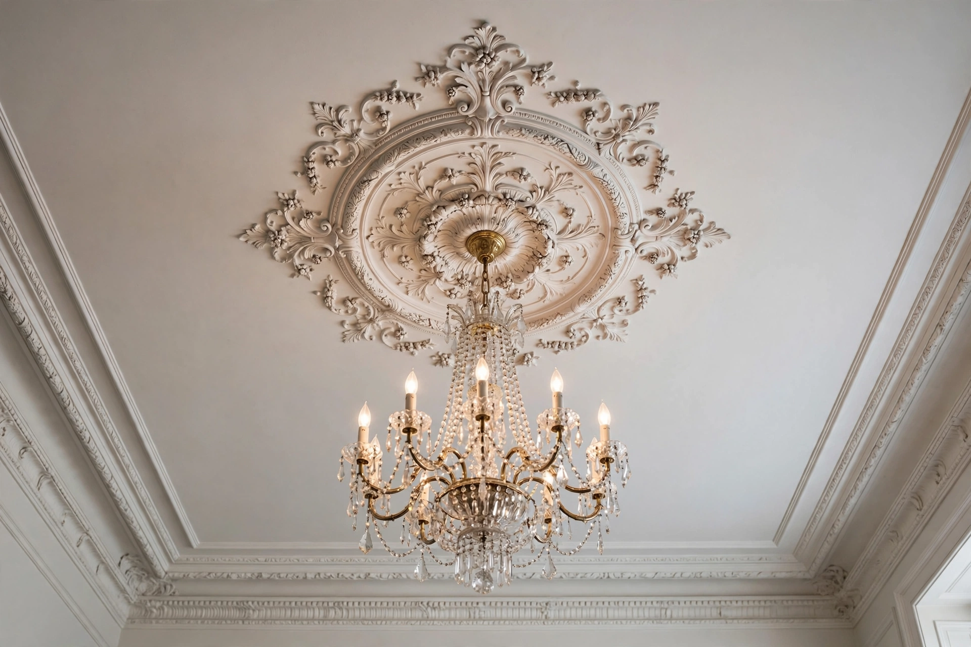 Ceiling Medallion And Crown Molding In Living Room