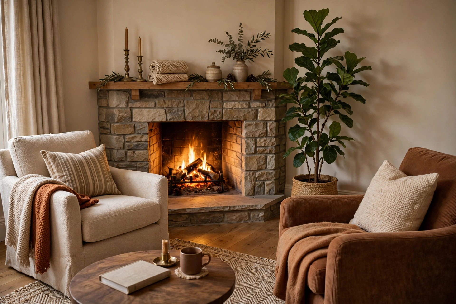 Seating Arranged Around A Corner Fireplace