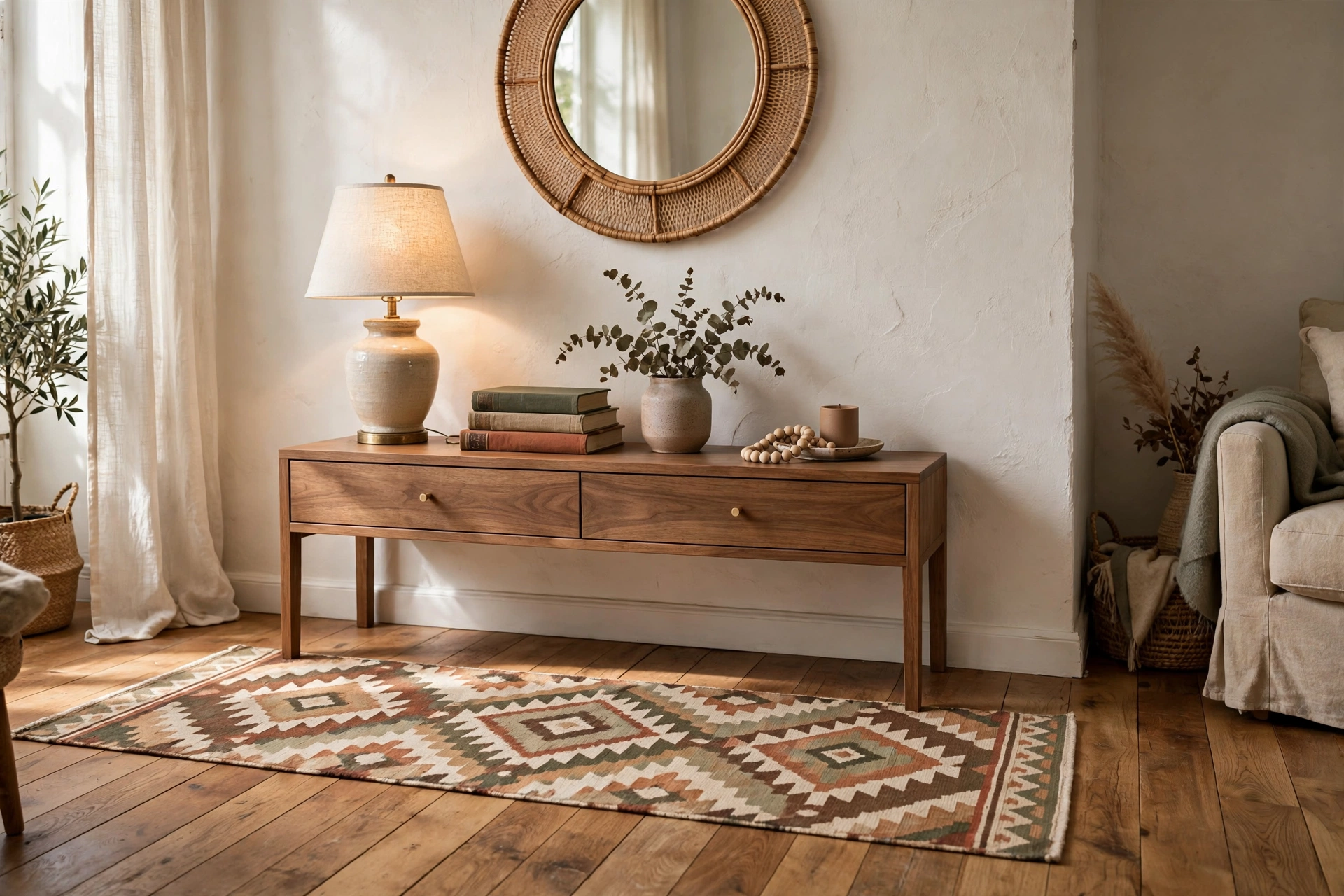 Console Table Grounded By A Patterned Runner Rug