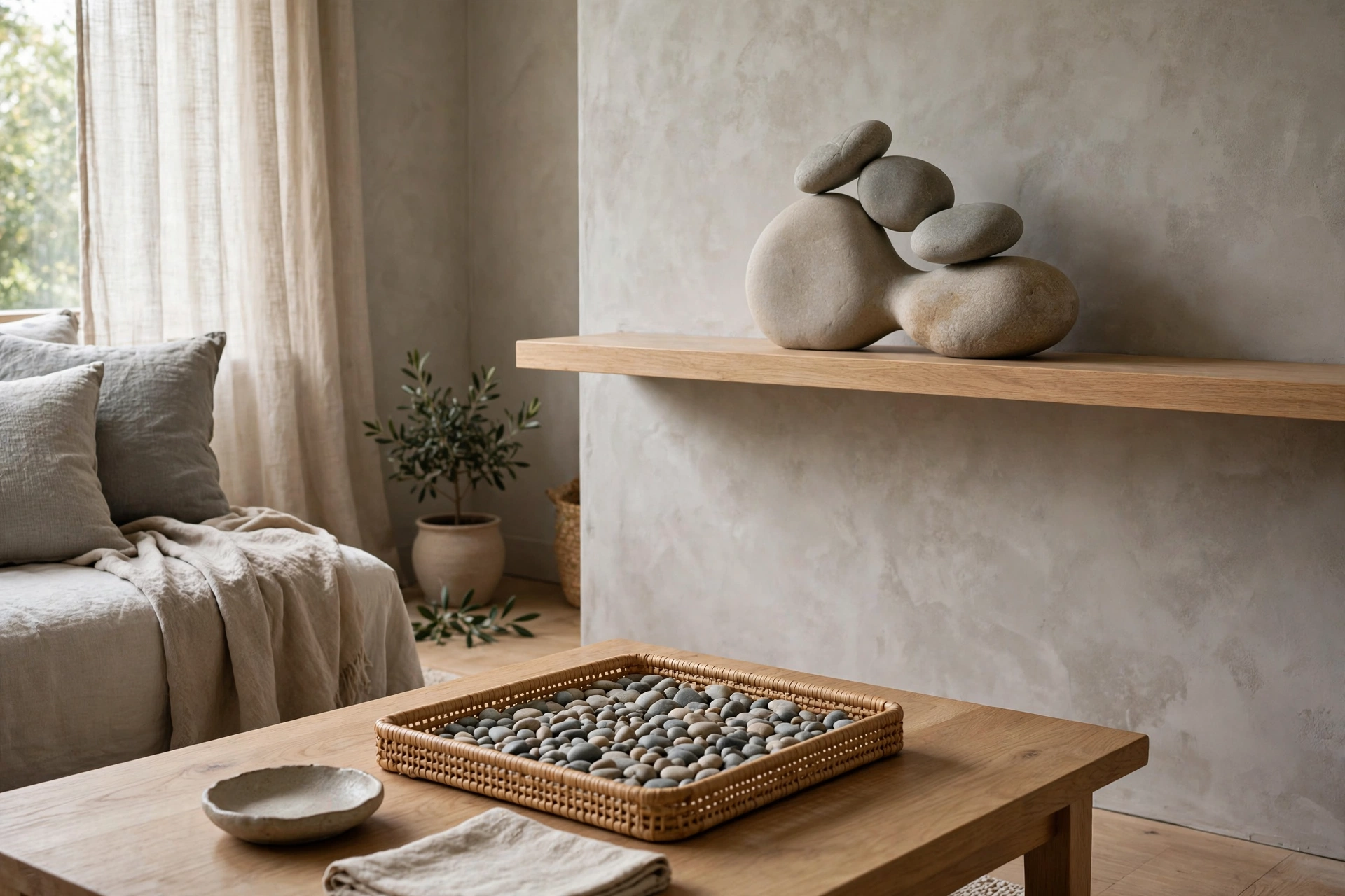 Natural stone sculpture and pebble tray accents in Japandi living room