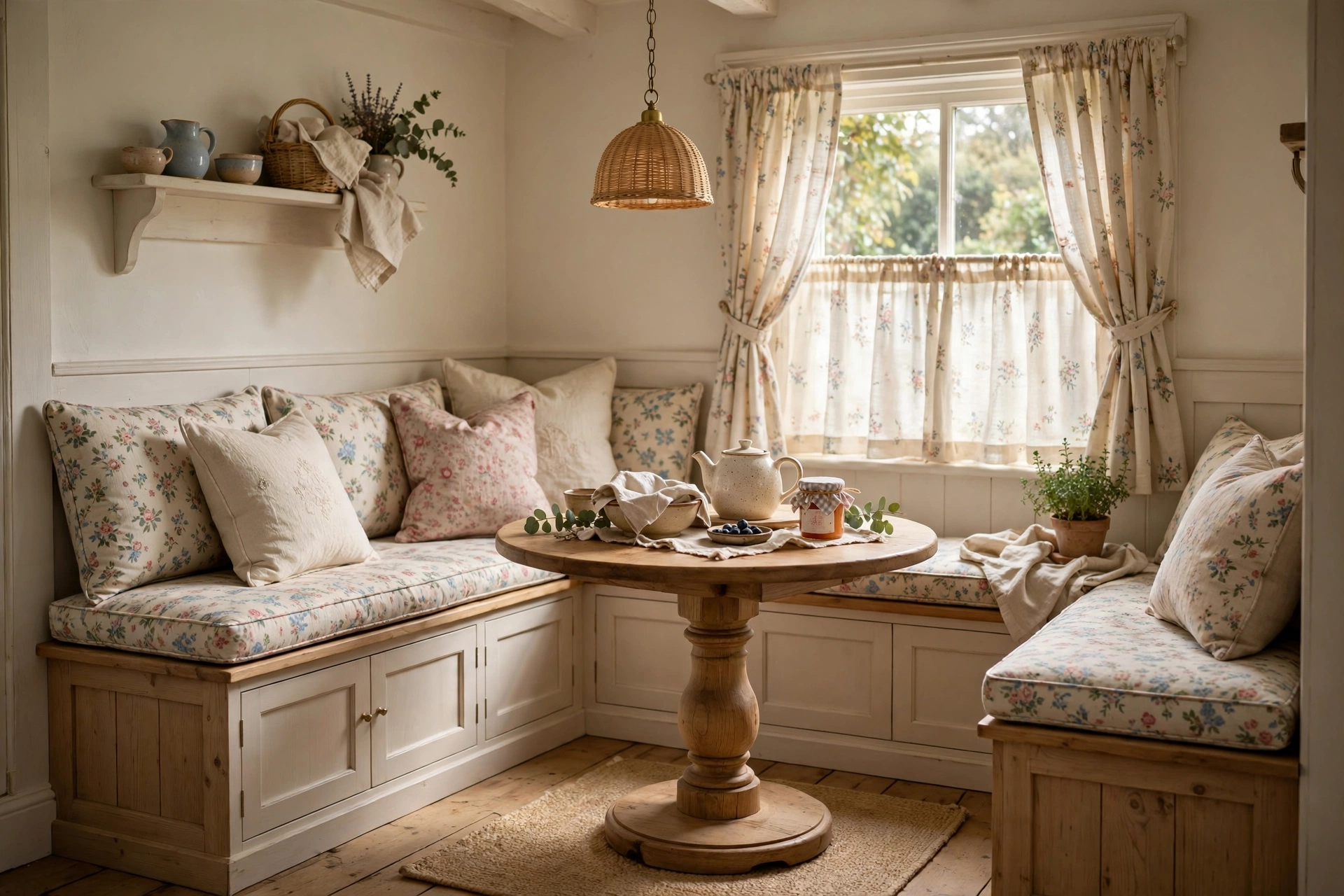 Corner breakfast nook with built-in bench and floral cushions in a cottage kitchen