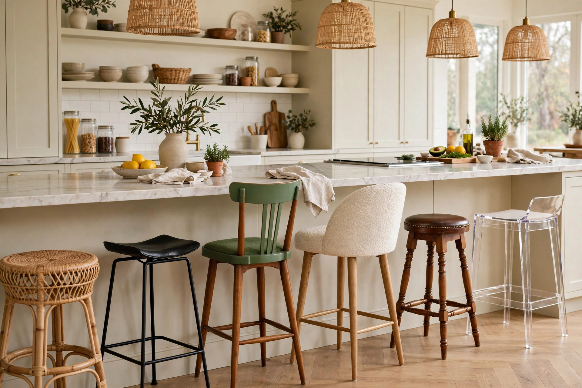 Mixed and matched bar stool styles along a long kitchen island