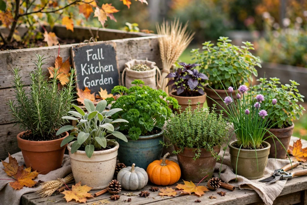 Assorted seasonal herbs in pots arranged for a fall kitchen garden
