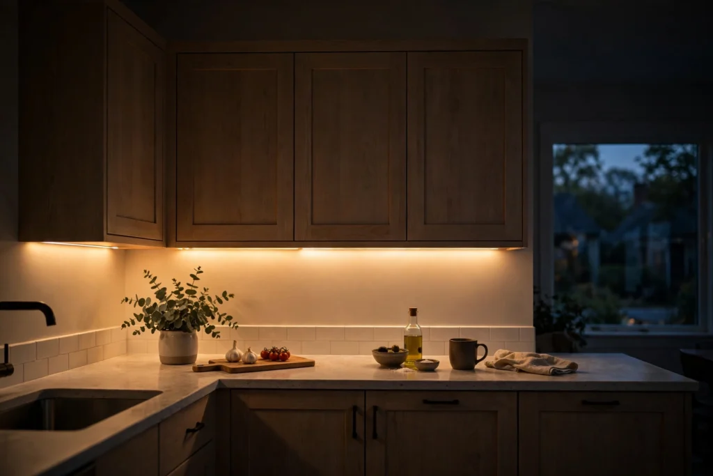 Low warm accent under cabinet lighting in a quiet evening kitchen